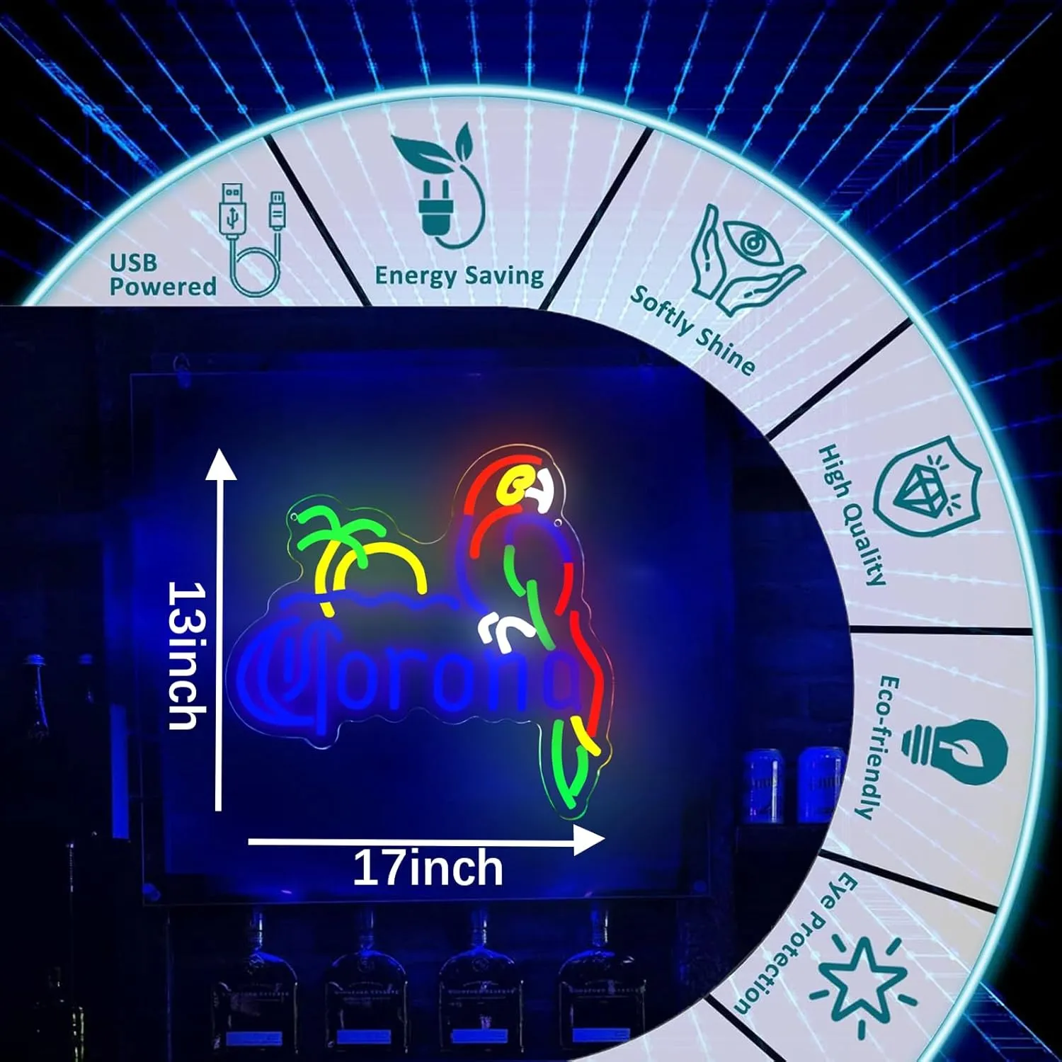 Corona Neon Sign Parrot Neon Lights for Bar Decor, Palm Tree Beer Lights Bar LED Neon Sign Dimmable Light Up Signs Man Cave Home Pub Beer Gift Neon Lamp (Blue)