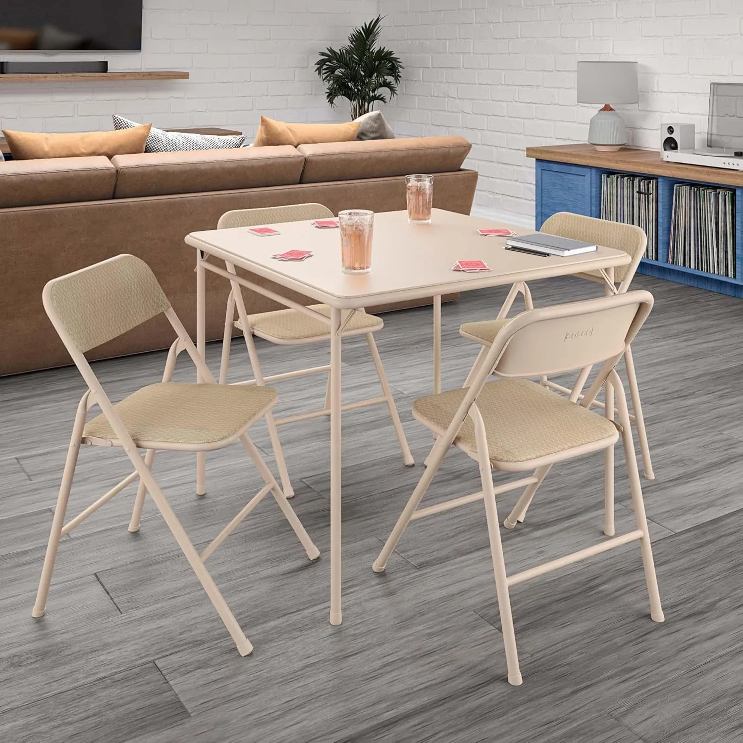 COSCO 5 Piece, Tan Folding Table and Chair Set.