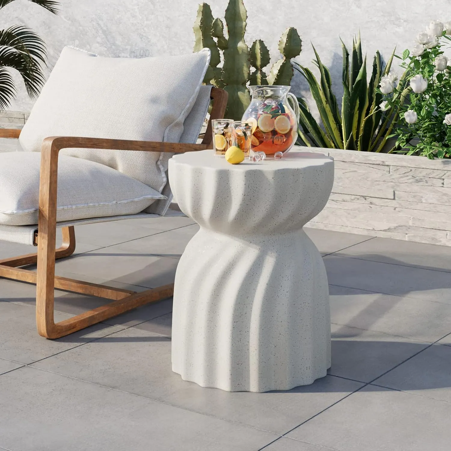 COSIEST 2 Pieces Outdoor Side Table,Set of 2 Concrete Contemporary Lightweight Accent Side Table,Patio End Table,Outdoor Accent Side Table for Livingroom,Garden,Hourglass,Graphite-Like White