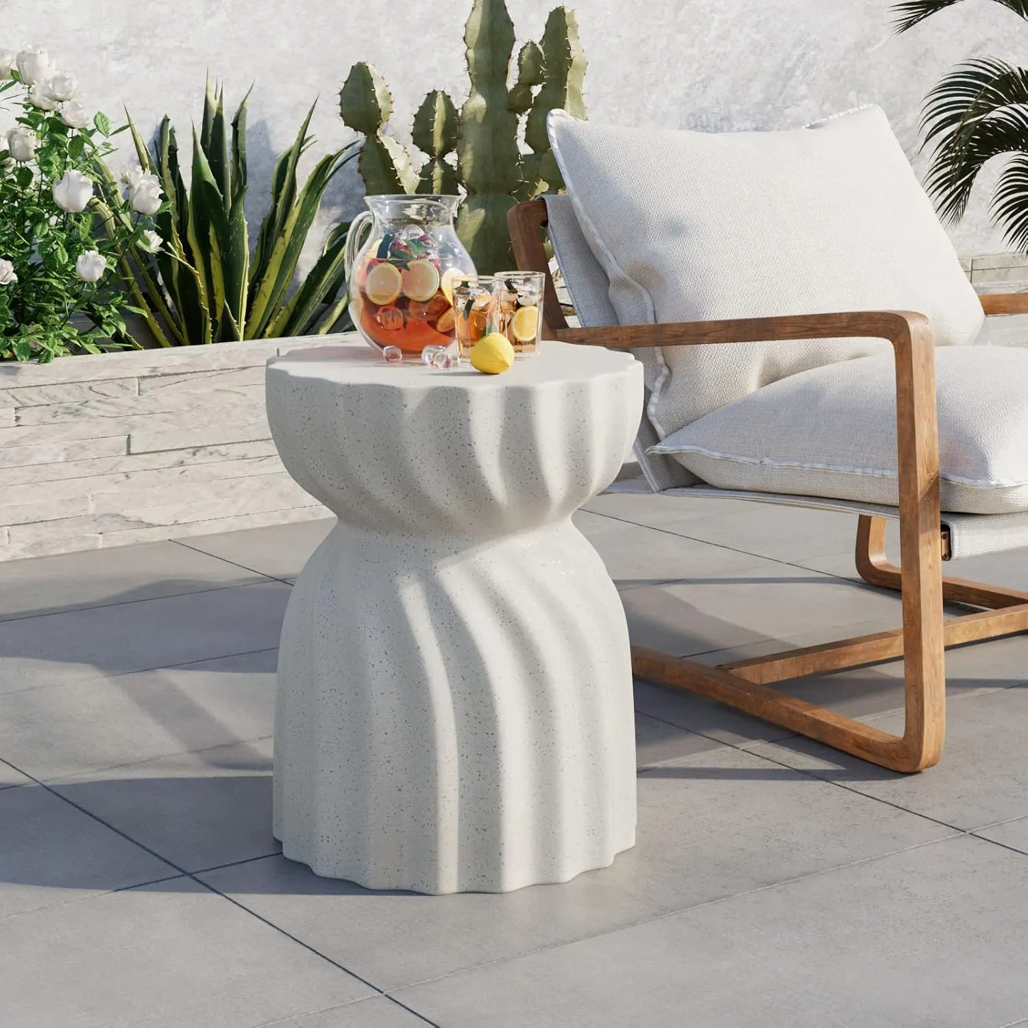 COSIEST Outdoor Side Table, Concrete Contemporary Lightweight Accent Side Table, Patio Side Tables End Table, Outdoor Accent Side Table for Livingroom, Garden, Hourglass, Graphite-Like White