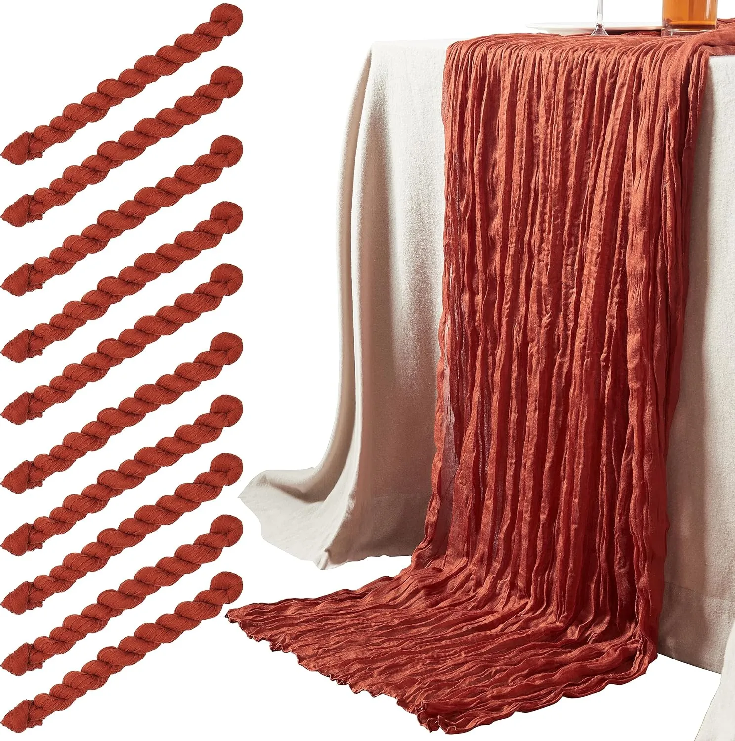 Cove & Wall - Cheesecloth Table Runner, Handmade Rustic Fabric Boho Cheesecloth Table Runner for Bridal Showers Weddings Birthdays & Reception Table Decorations, Tablecloth for Romantic Decor 10Pcs