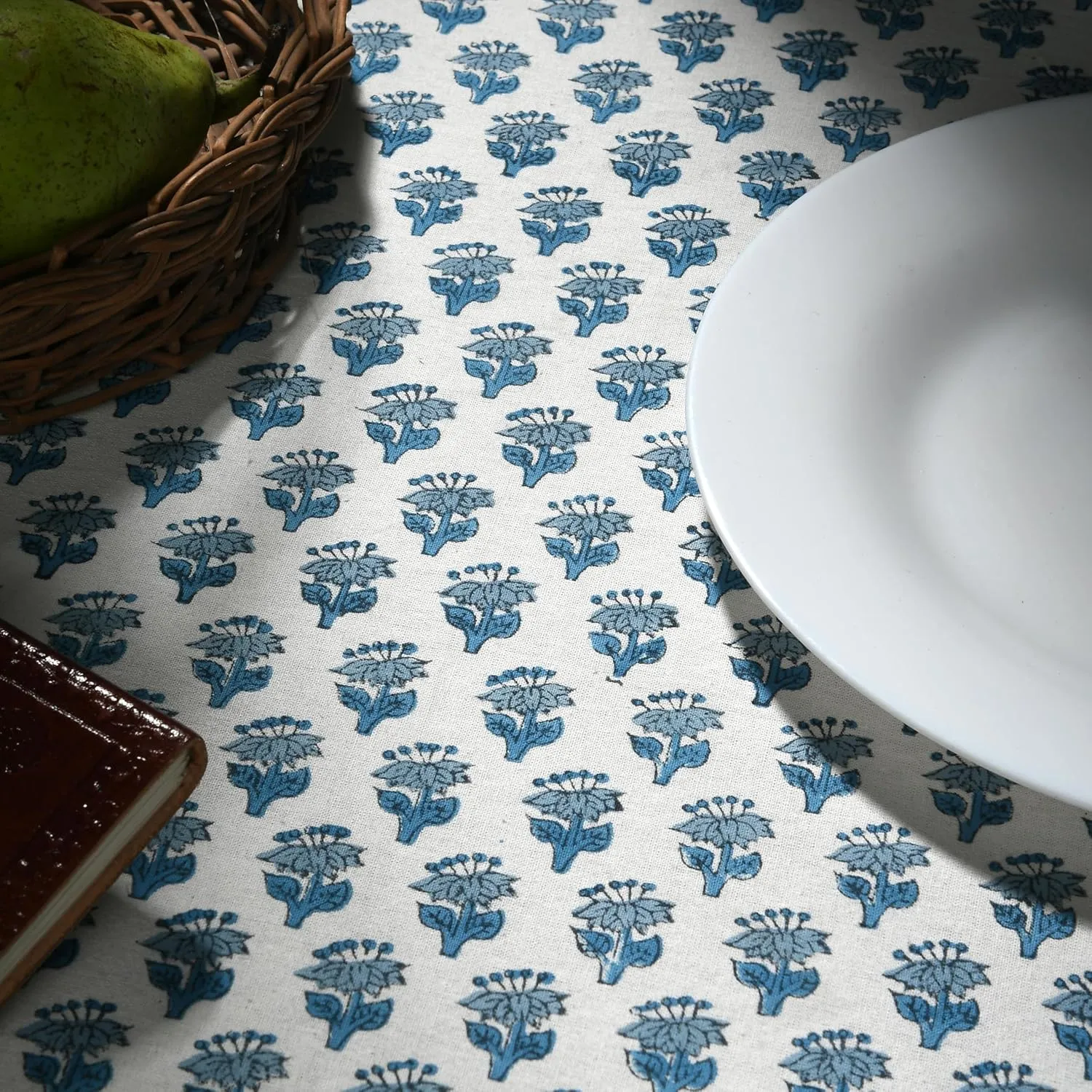 CPC Round Tablecloth- Cotton Indian Block Print Tablecloth -Handmade Printed Washable Cotton Table Cloth - Spring/Summer, Weding Table Cover - Apatite Blue 110 Inch