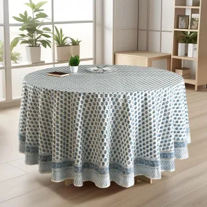CPC Round Tablecloth- Cotton Indian Block Print Tablecloth -Handmade Printed Washable Cotton Table Cloth - Spring/Summer, Weding Table Cover - Apatite Blue 110 Inch
