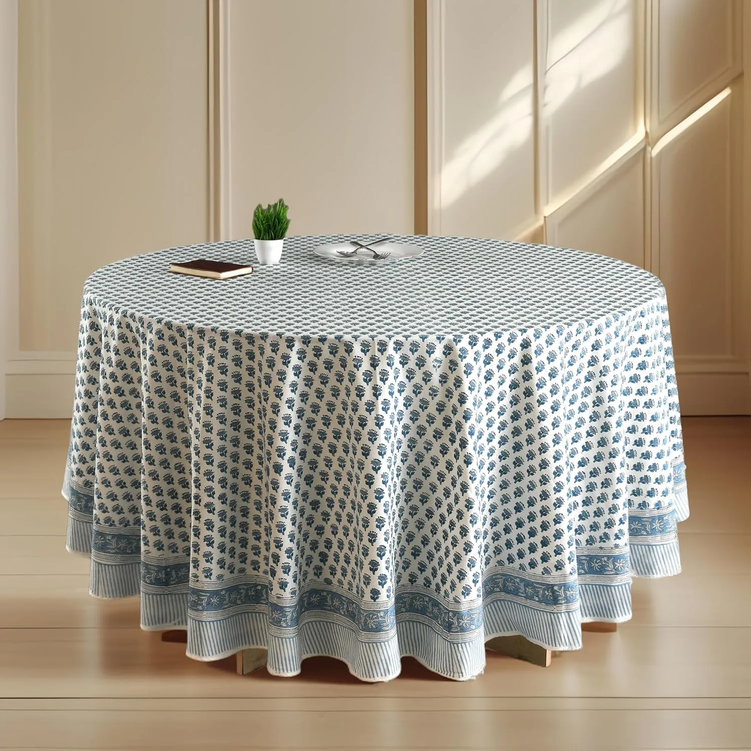 CPC Round Tablecloth- Cotton Indian Block Print Tablecloth -Handmade Printed Washable Cotton Table Cloth - Spring/Summer, Weding Table Cover - Apatite Blue 110 Inch