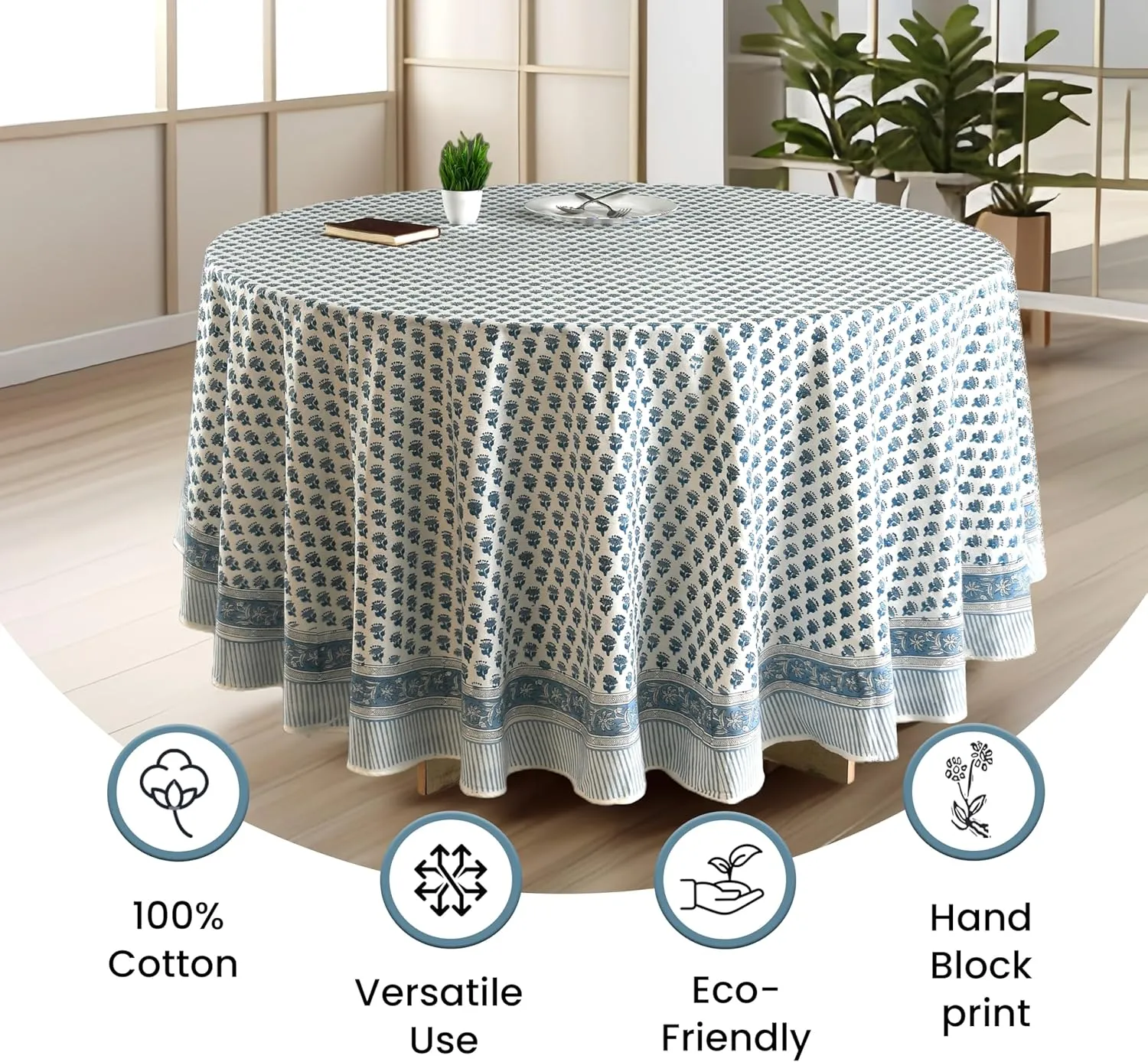 CPC Round Tablecloth- Cotton Indian Block Print Tablecloth -Handmade Printed Washable Cotton Table Cloth - Spring/Summer, Weding Table Cover - Apatite Blue 110 Inch