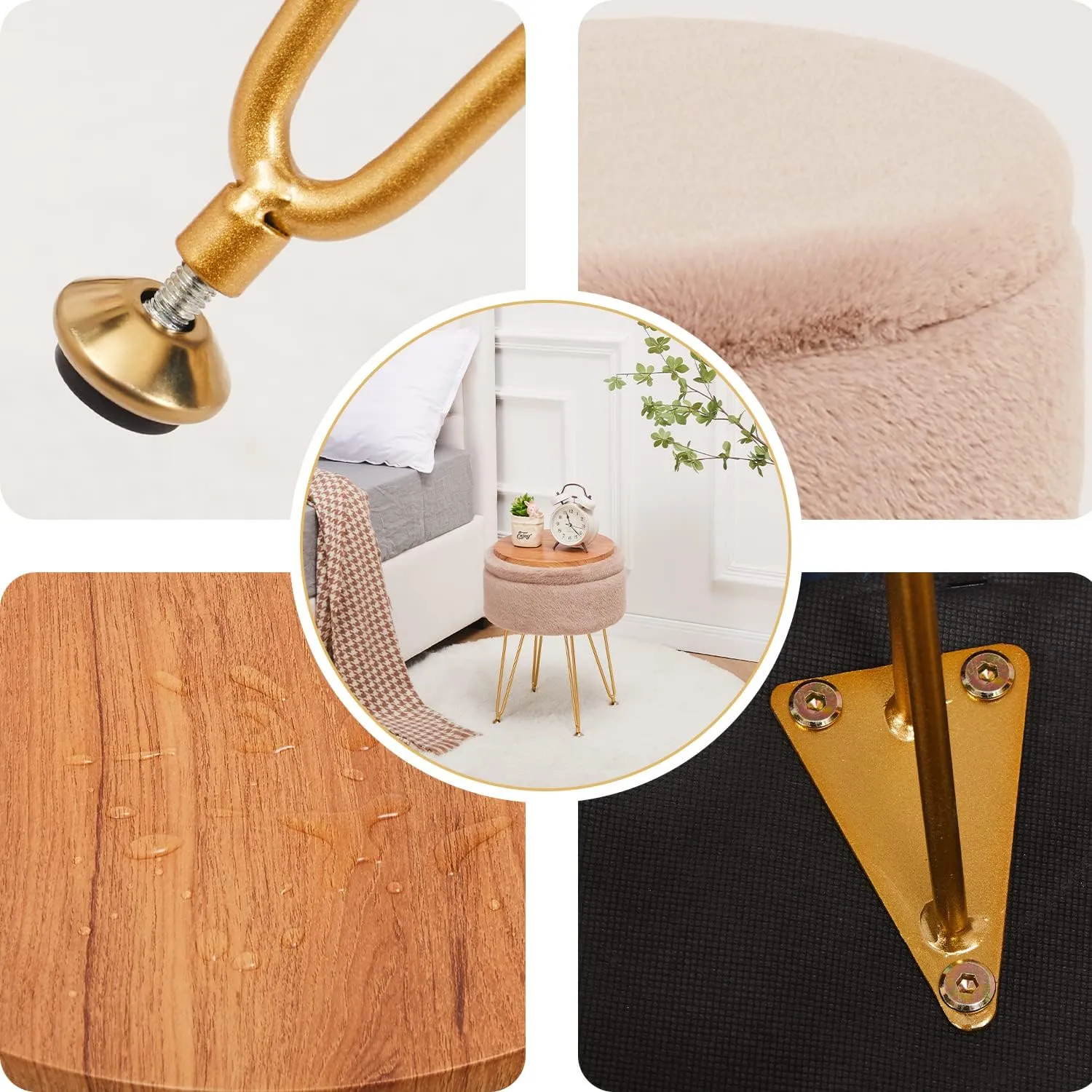 Cplxroc Footrest Footstools Round Faux Fur Ottoman with Storage Space Soft Vanity Chair Seat Coffee Table Ottoman Small Side Table Metal Legs with Adjustable Footings