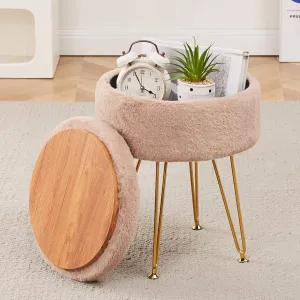 Cplxroc Footrest Footstools Round Faux Fur Ottoman with Storage Space Soft Vanity Chair Seat Coffee Table Ottoman Small Side Table Metal Legs with Adjustable Footings