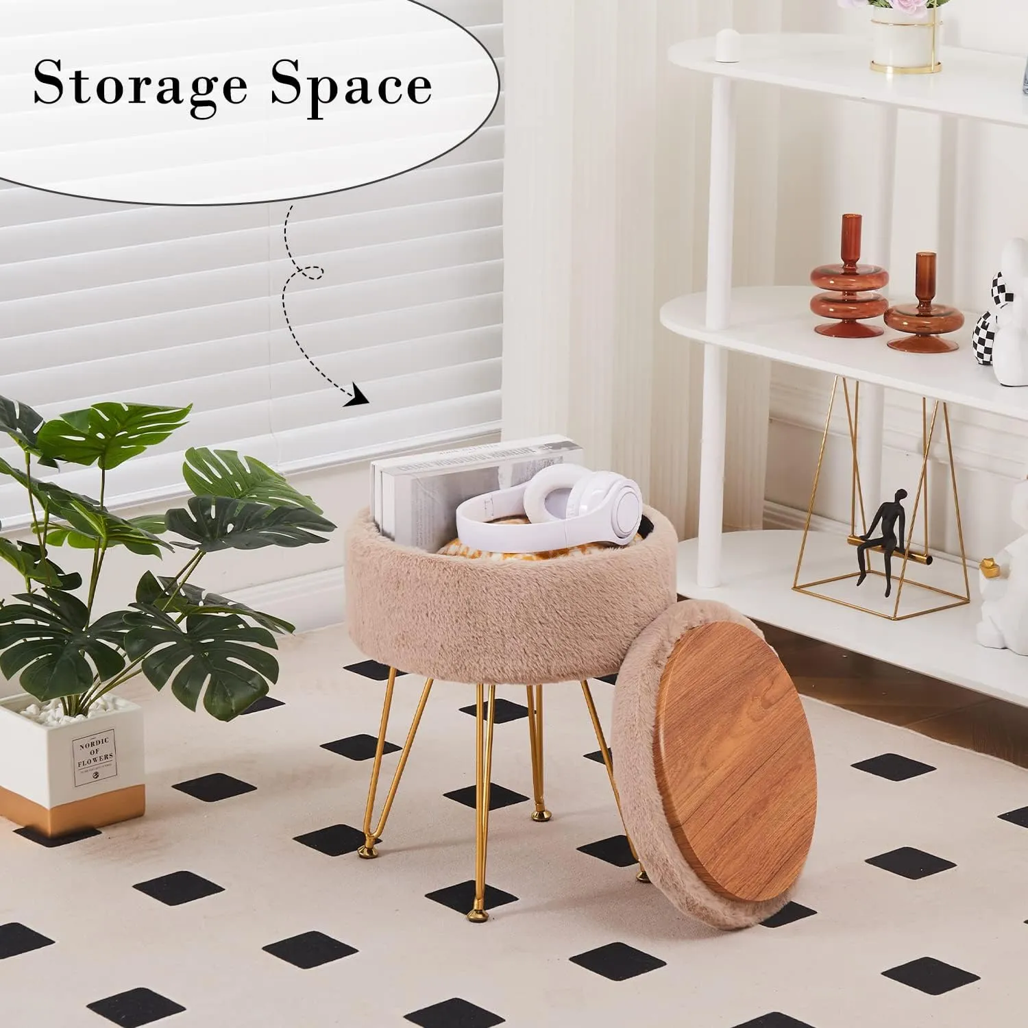 Cplxroc Footrest Footstools Round Faux Fur Ottoman with Storage Space Soft Vanity Chair Seat Coffee Table Ottoman Small Side Table Metal Legs with Adjustable Footings