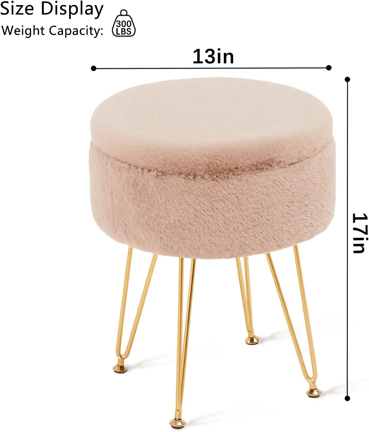 Cplxroc Footrest Footstools Round Faux Fur Ottoman with Storage Space Soft Vanity Chair Seat Coffee Table Ottoman Small Side Table Metal Legs with Adjustable Footings