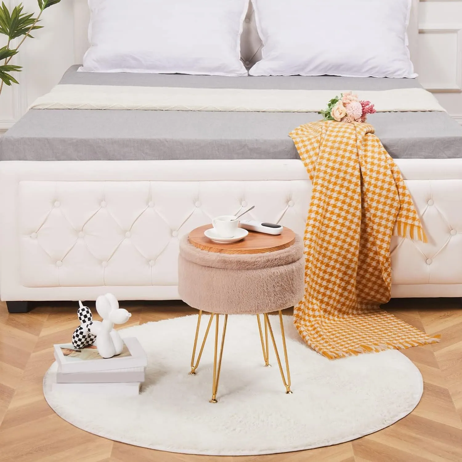 Cplxroc Footrest Footstools Round Faux Fur Ottoman with Storage Space Soft Vanity Chair Seat Coffee Table Ottoman Small Side Table Metal Legs with Adjustable Footings