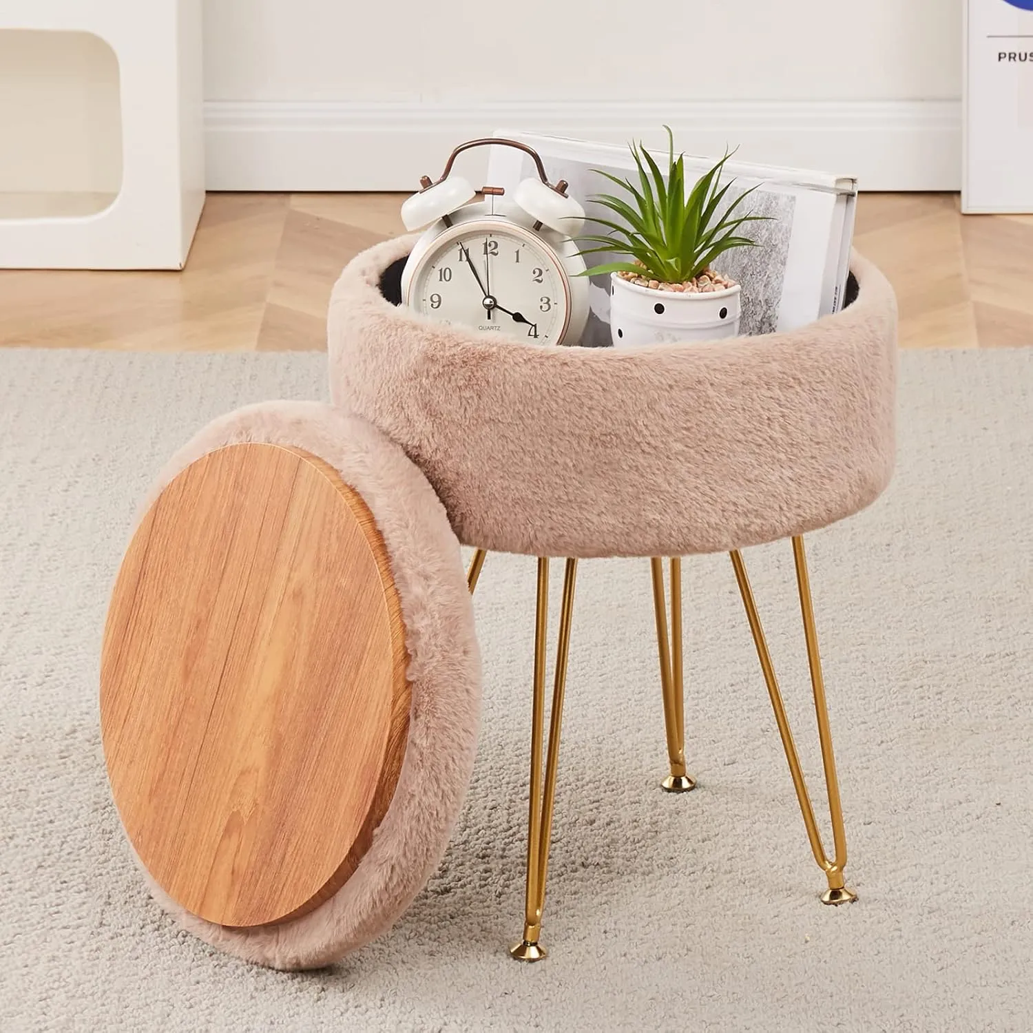 Cplxroc Footrest Footstools Round Faux Fur Ottoman with Storage Space Soft Vanity Chair Seat Coffee Table Ottoman Small Side Table Metal Legs with Adjustable Footings