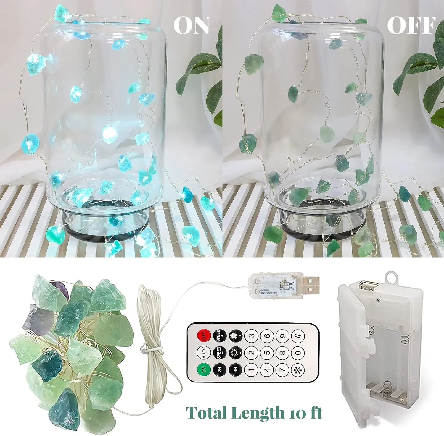 Crystal String Lights Battery Operated/USB with Remote, Sea Glass Fluorite Decorative Lights, 10FT 30 LEDs String Lights for Beach Theme Indoor Birthday Party Decor Bedroom