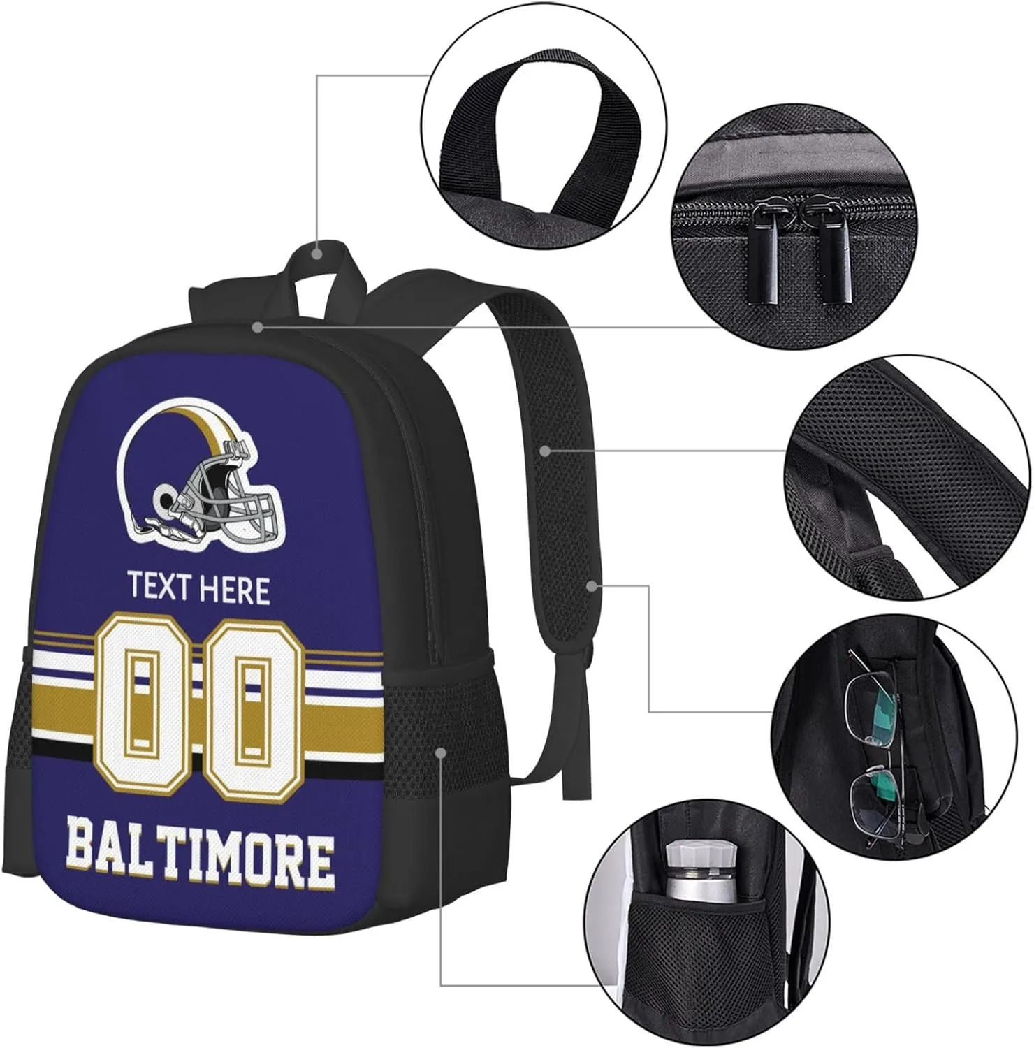 Custom Baltimore Backpack, Personalized Name and Number Backpack High Capacity Custom Football Gift for Men Women Fans