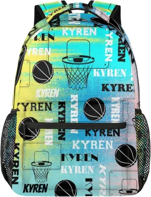 Custom Basketball Backpack for Men Women, Personalized Name Laptop Backpack, Sports Bag Lightweight Daypack for Travel Camping, Blue Yellow Pinks