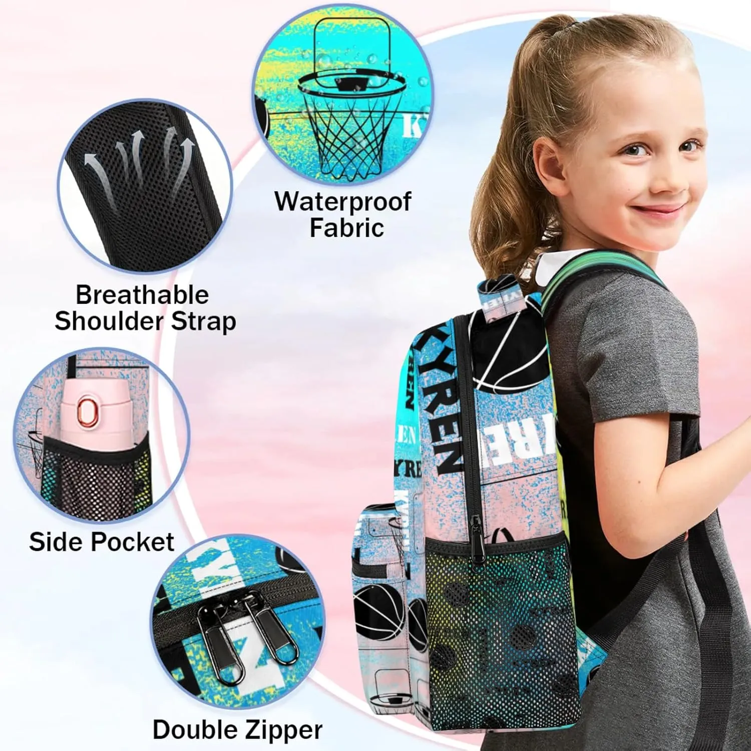 Custom Basketball Backpack for Men Women, Personalized Name Laptop Backpack, Sports Bag Lightweight Daypack for Travel Camping, Blue Yellow Pinks