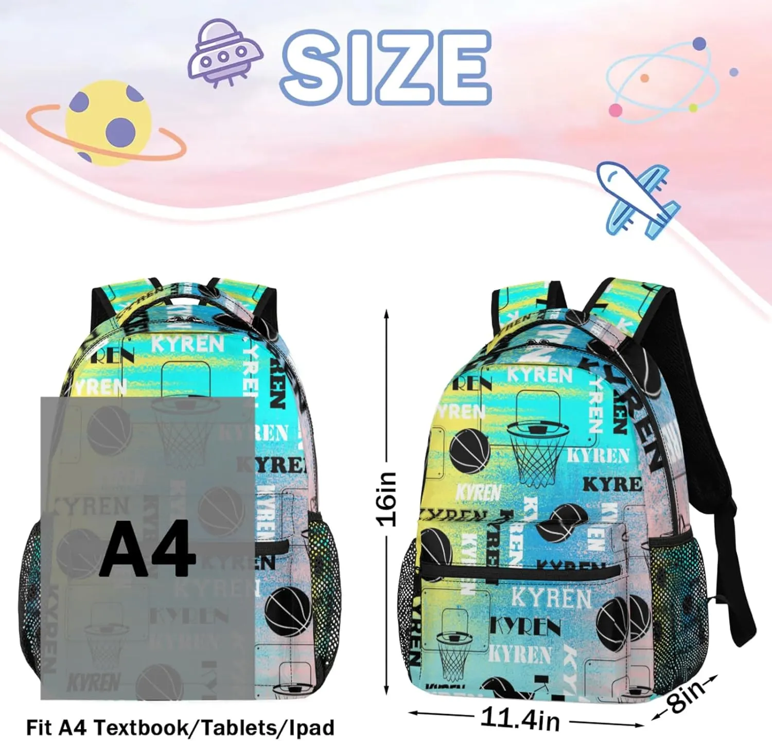 Custom Basketball Backpack for Men Women, Personalized Name Laptop Backpack, Sports Bag Lightweight Daypack for Travel Camping, Blue Yellow Pinks