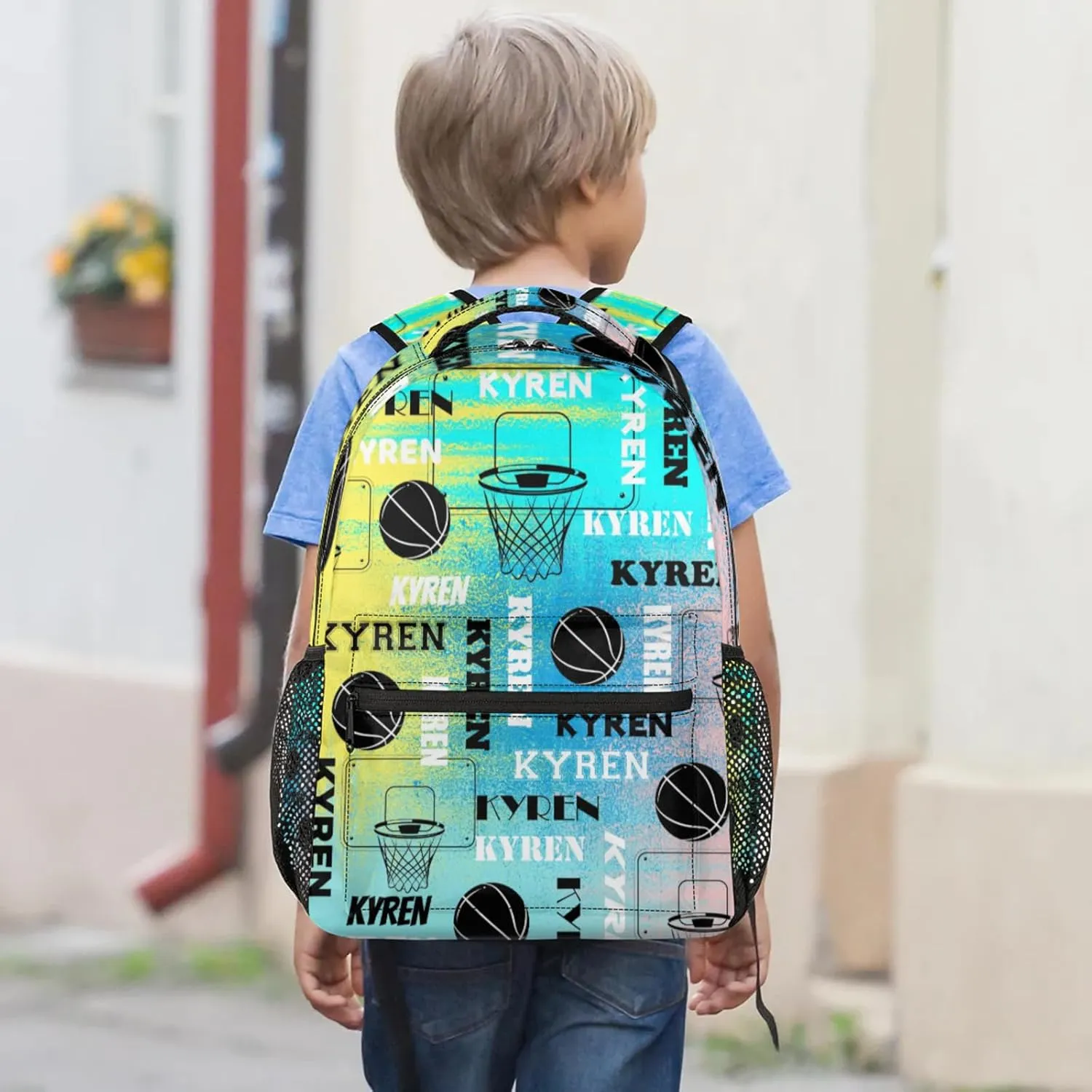 Custom Basketball Backpack for Men Women, Personalized Name Laptop Backpack, Sports Bag Lightweight Daypack for Travel Camping, Blue Yellow Pinks