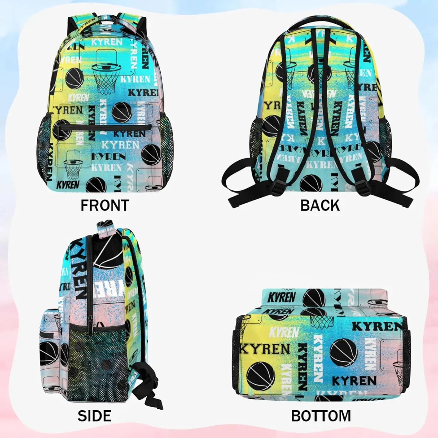 Custom Basketball Backpack for Men Women, Personalized Name Laptop Backpack, Sports Bag Lightweight Daypack for Travel Camping, Blue Yellow Pinks