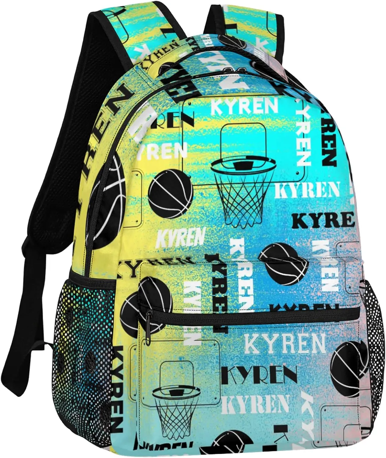 Custom Basketball Backpack for Men Women, Personalized Name Laptop Backpack, Sports Bag Lightweight Daypack for Travel Camping, Blue Yellow Pinks