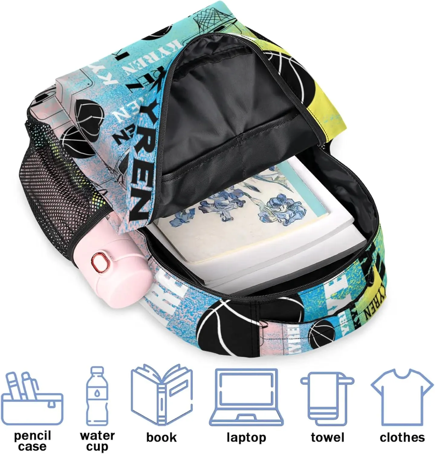 Custom Basketball Backpack for Men Women, Personalized Name Laptop Backpack, Sports Bag Lightweight Daypack for Travel Camping, Blue Yellow Pinks