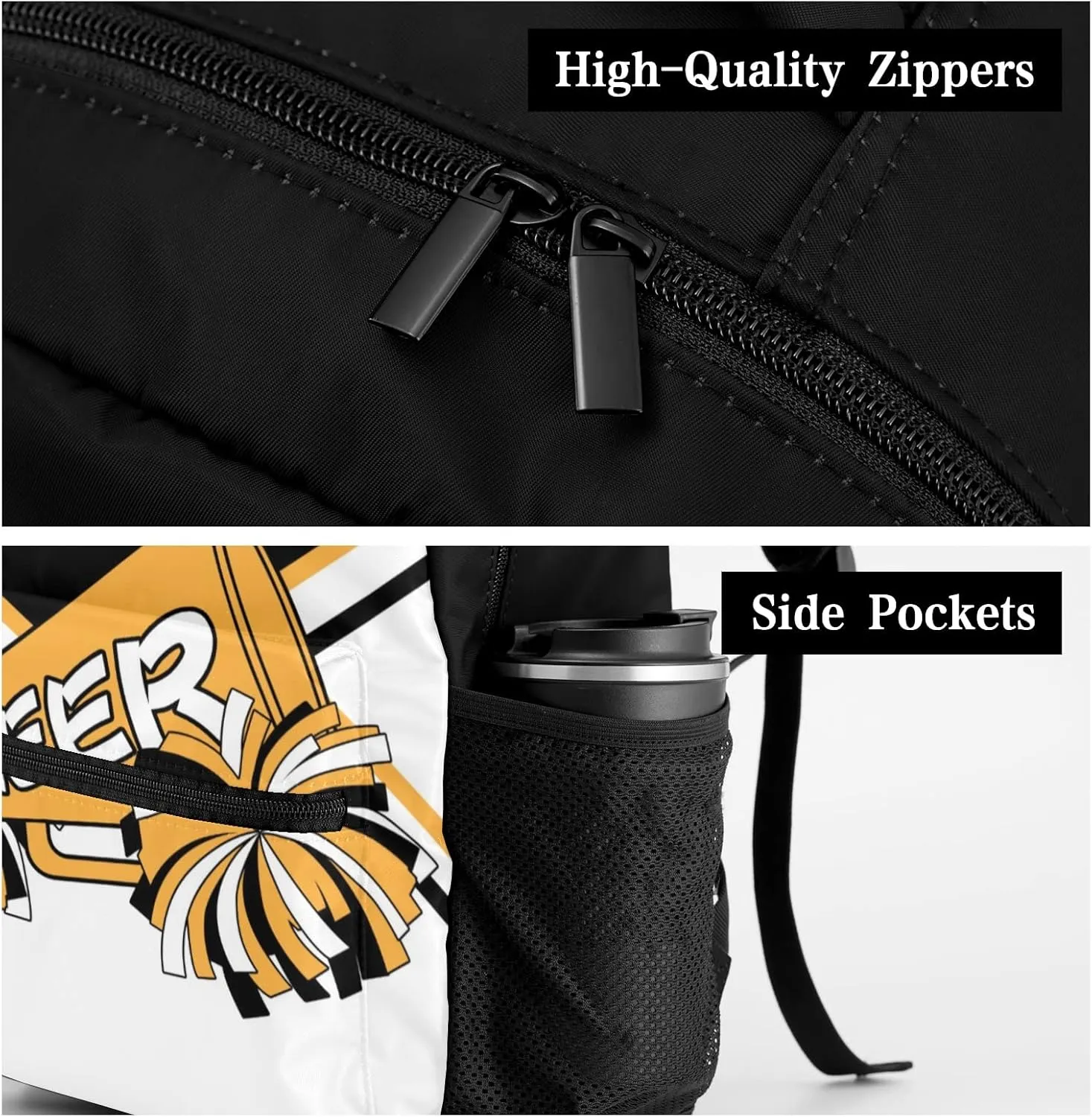 Custom Cheerleader Black Gold Personalized Causual Shoulder Bag Sports Leisure Camping Backpack for Women Men