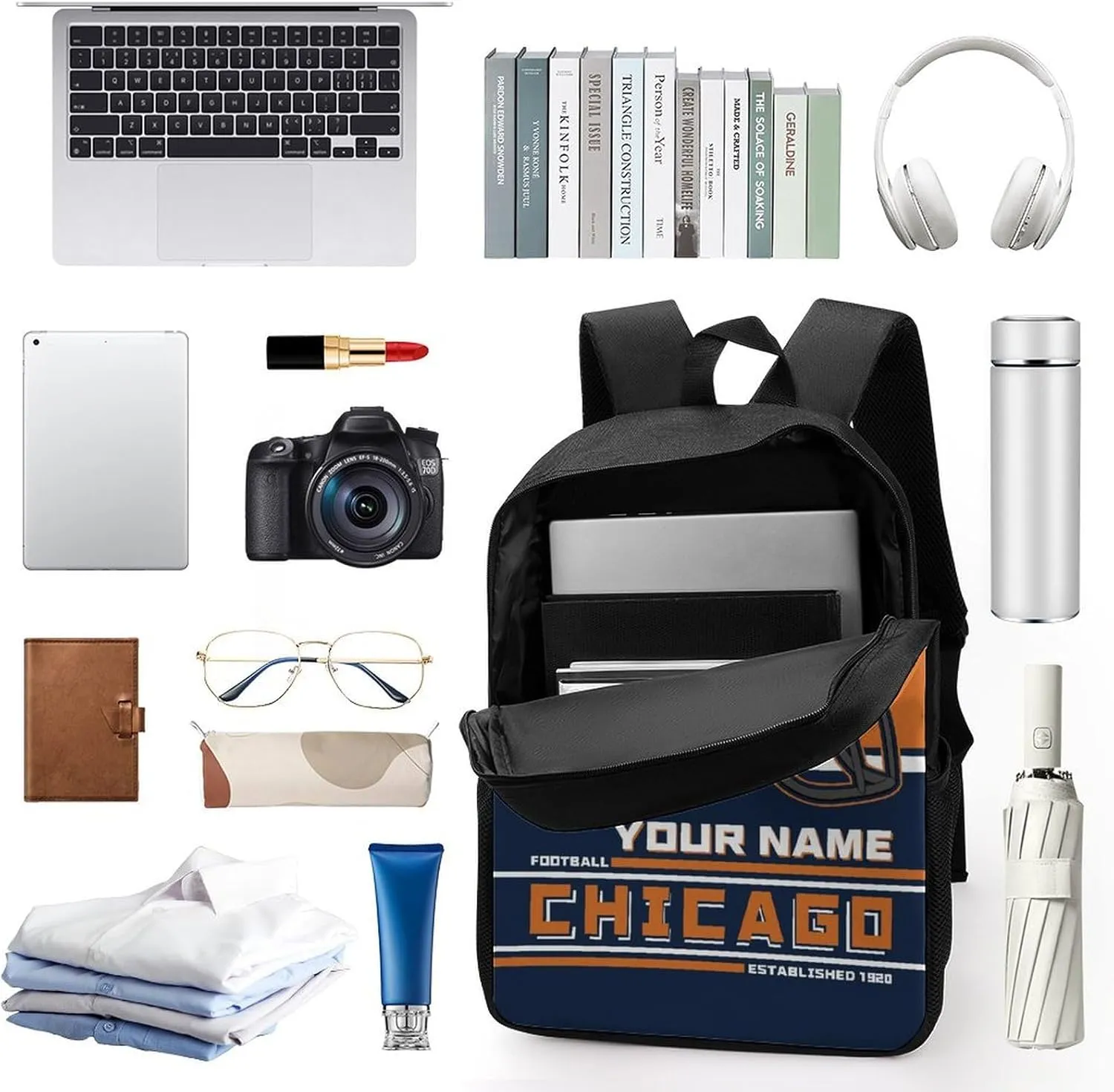 Custom Chicago Backpack Personalized Name Number Large Capacity Laptop Bag for School Men Women Fan Gift (17 Inch)