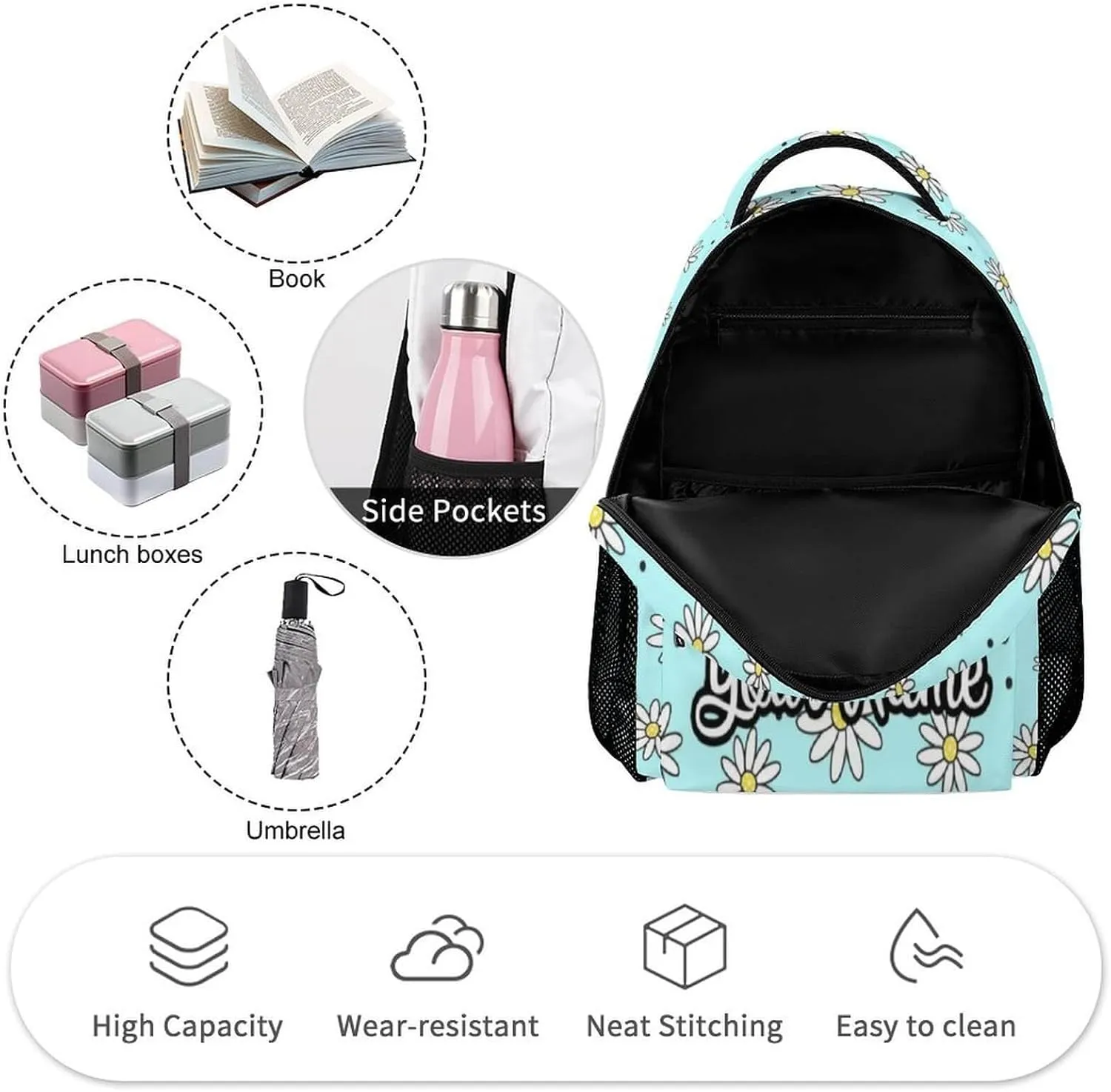 Custom Daisy School Backpack for Kids Girls Boys, 16 Inch Cute daisies Themed Bookbag, Personalized School Backpack for Students Children, Lightweight, Large Capacity