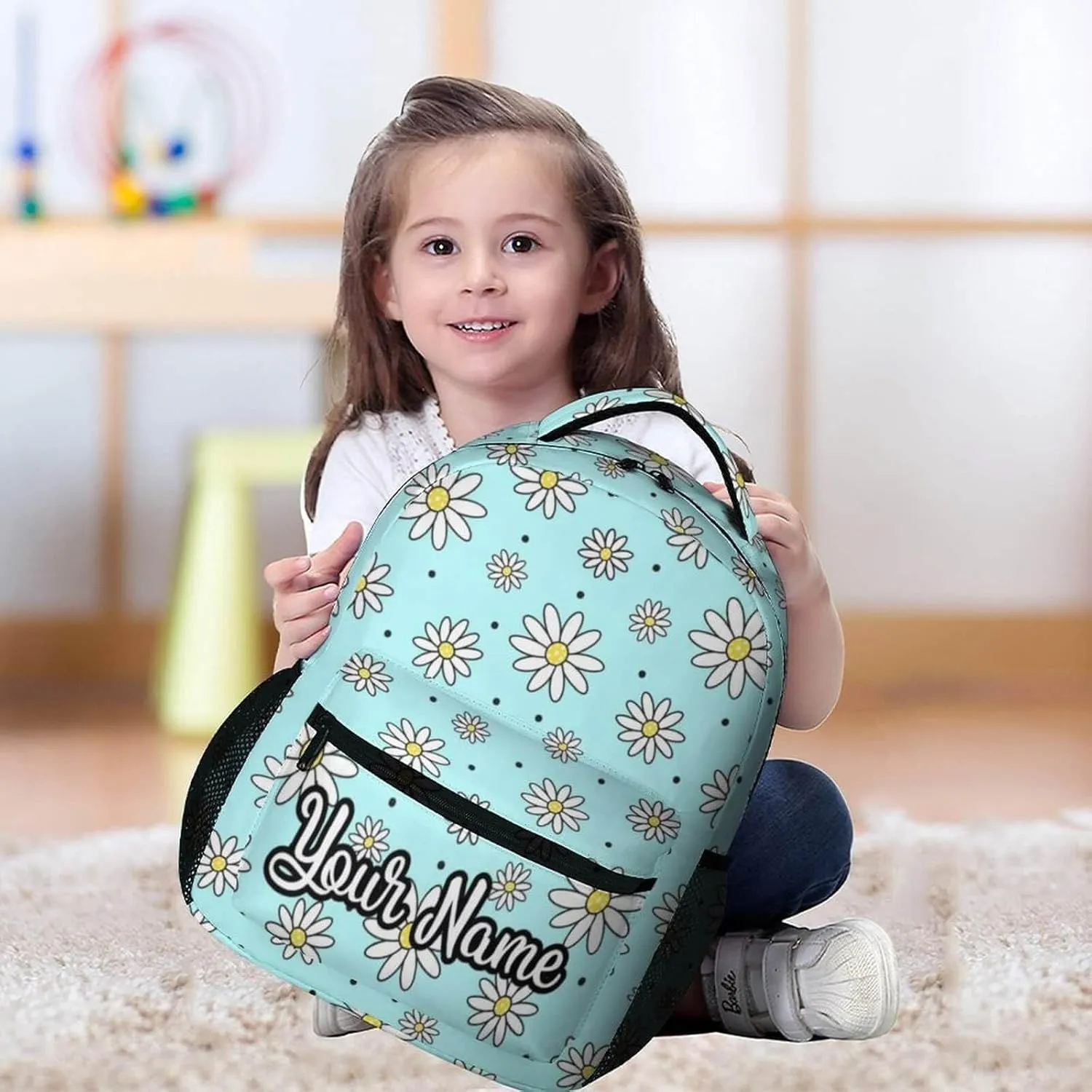 Custom Daisy School Backpack for Kids Girls Boys, 16 Inch Cute daisies Themed Bookbag, Personalized School Backpack for Students Children, Lightweight, Large Capacity