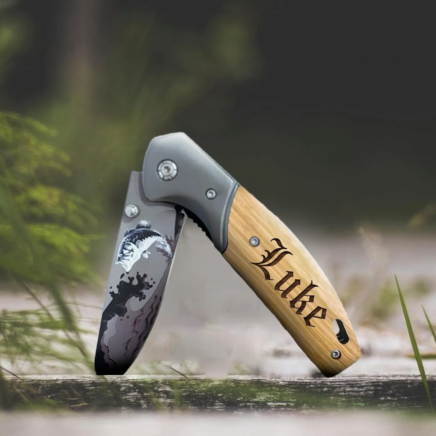 Custom Engraved Folding Pocket Knife with Folding Blade - Personalized Hunting Fishing Gift for Dad, Men, Him, Husband - Customized with Name (Bass - Custom Personalized)