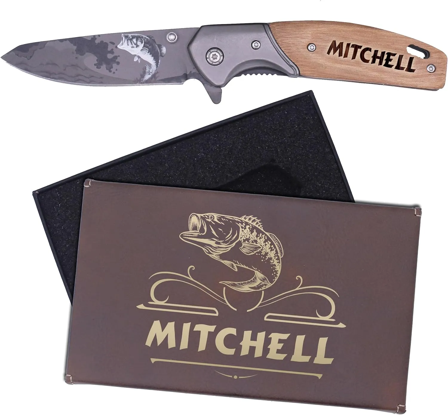 Custom Engraved Folding Pocket Knife with Folding Blade - Personalized Hunting Fishing Gift for Dad, Men, Him, Husband - Customized with Name (Bass - Custom Personalized)