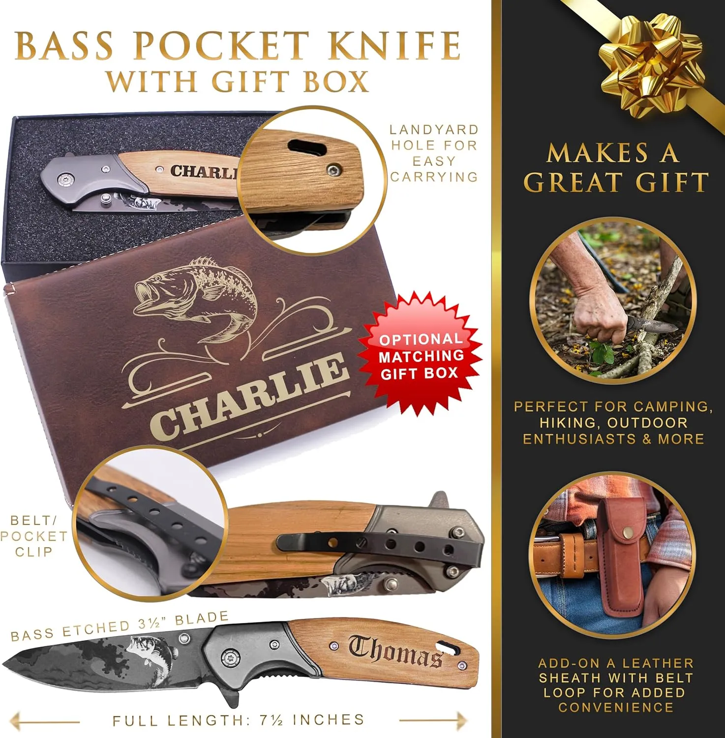 Custom Engraved Folding Pocket Knife with Folding Blade - Personalized Hunting Fishing Gift for Dad, Men, Him, Husband - Customized with Name (Bass - Custom Personalized)