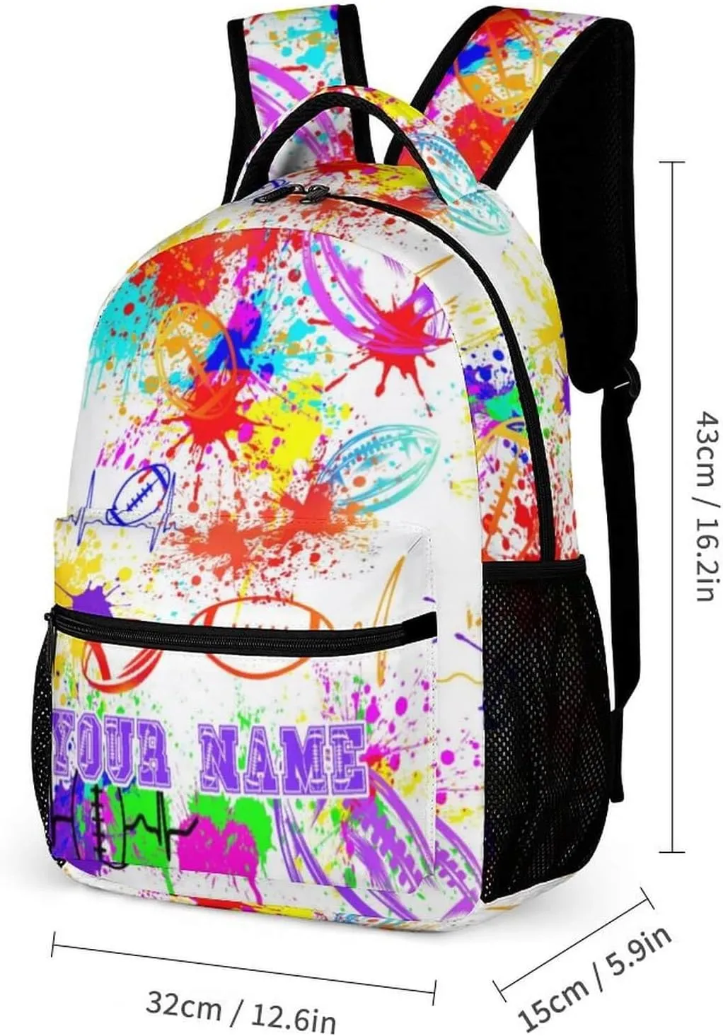 Custom Football Backpack with Lunch Box & Pencil Case, 16 Inch Cool Football Themed Bookbag, Adjustable Lightweight Large Capacity, Colorful Football Backpack Set for Kids Girls Boys School