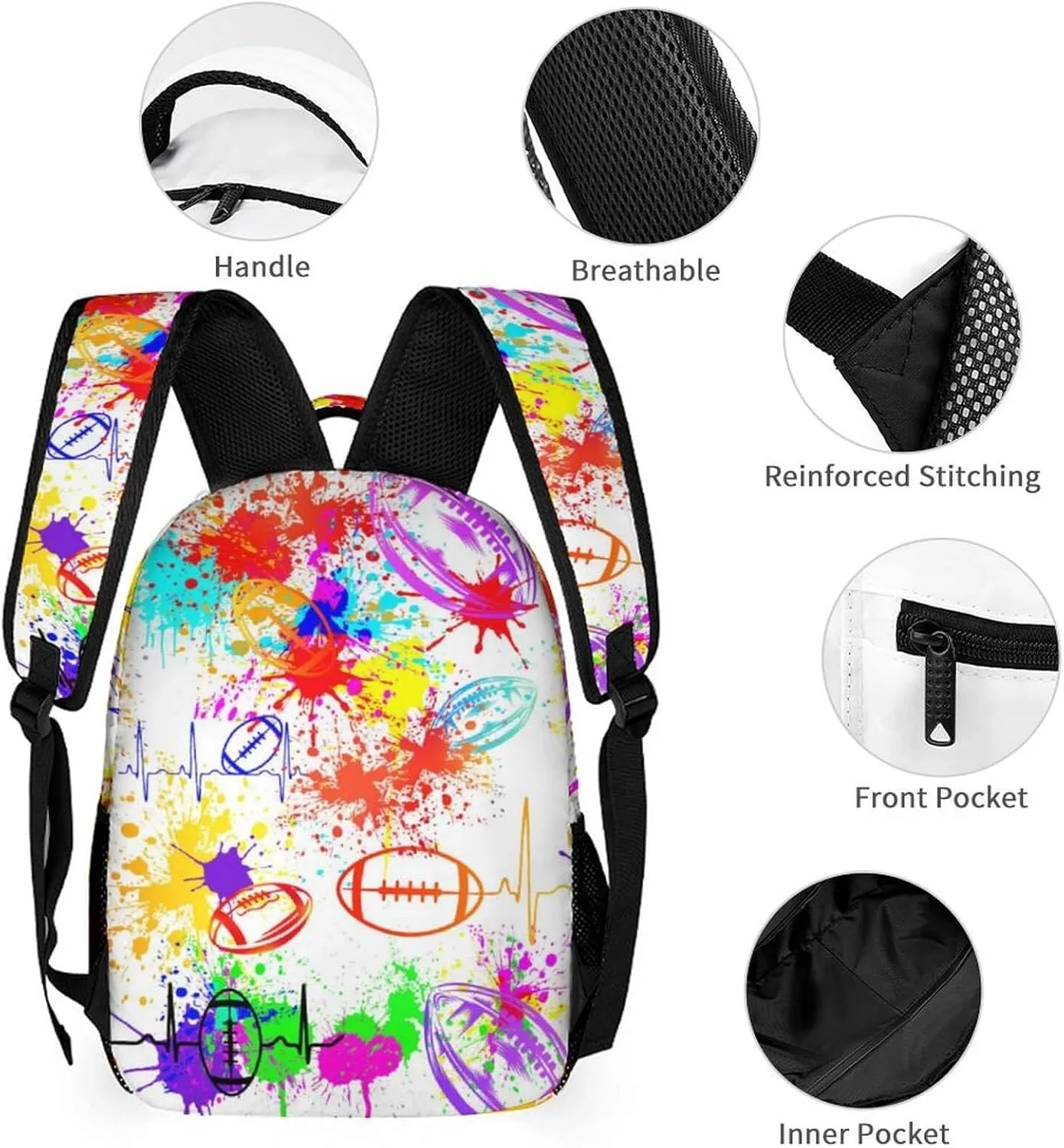 Custom Football Backpack with Lunch Box & Pencil Case, 16 Inch Cool Football Themed Bookbag, Adjustable Lightweight Large Capacity, Colorful Football Backpack Set for Kids Girls Boys School