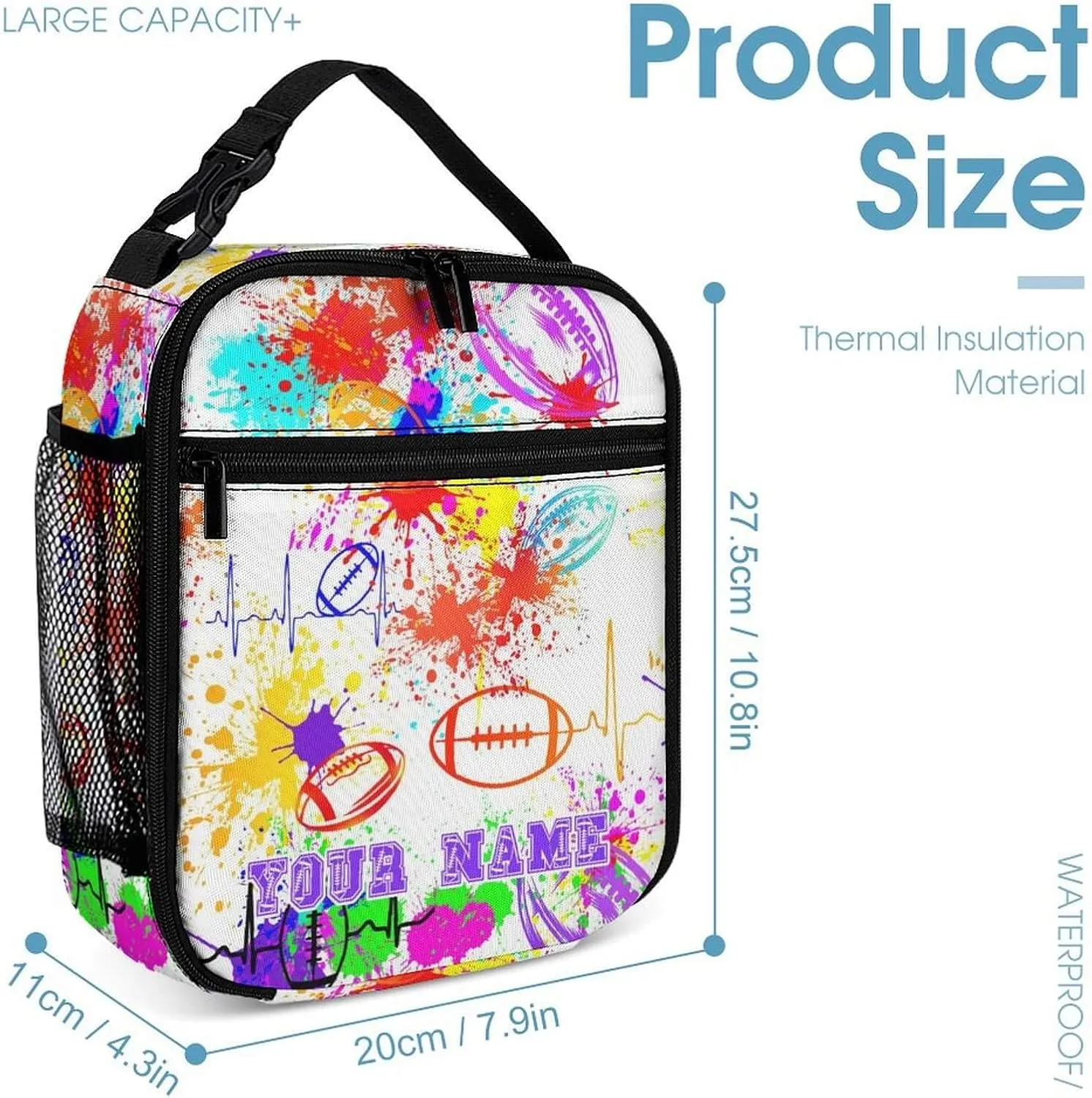 Custom Football Backpack with Lunch Box & Pencil Case, 16 Inch Cool Football Themed Bookbag, Adjustable Lightweight Large Capacity, Colorful Football Backpack Set for Kids Girls Boys School