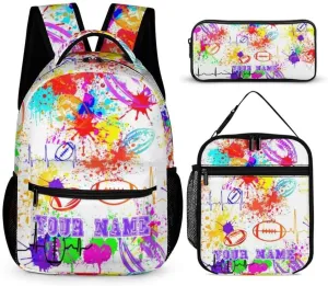 Custom Football Backpack with Lunch Box & Pencil Case, 16 Inch Cool Football Themed Bookbag, Adjustable Lightweight Large Capacity, Colorful Football Backpack Set for Kids Girls Boys School