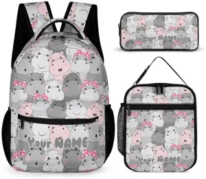 Custom Hippo Backpack with Lunch Box & Pencil Case, 16 Inch Cute Hippo Bookbag, Adjustable Lightweight Large Capacity, Hippo Backpack Set for Kids Girls Boys School