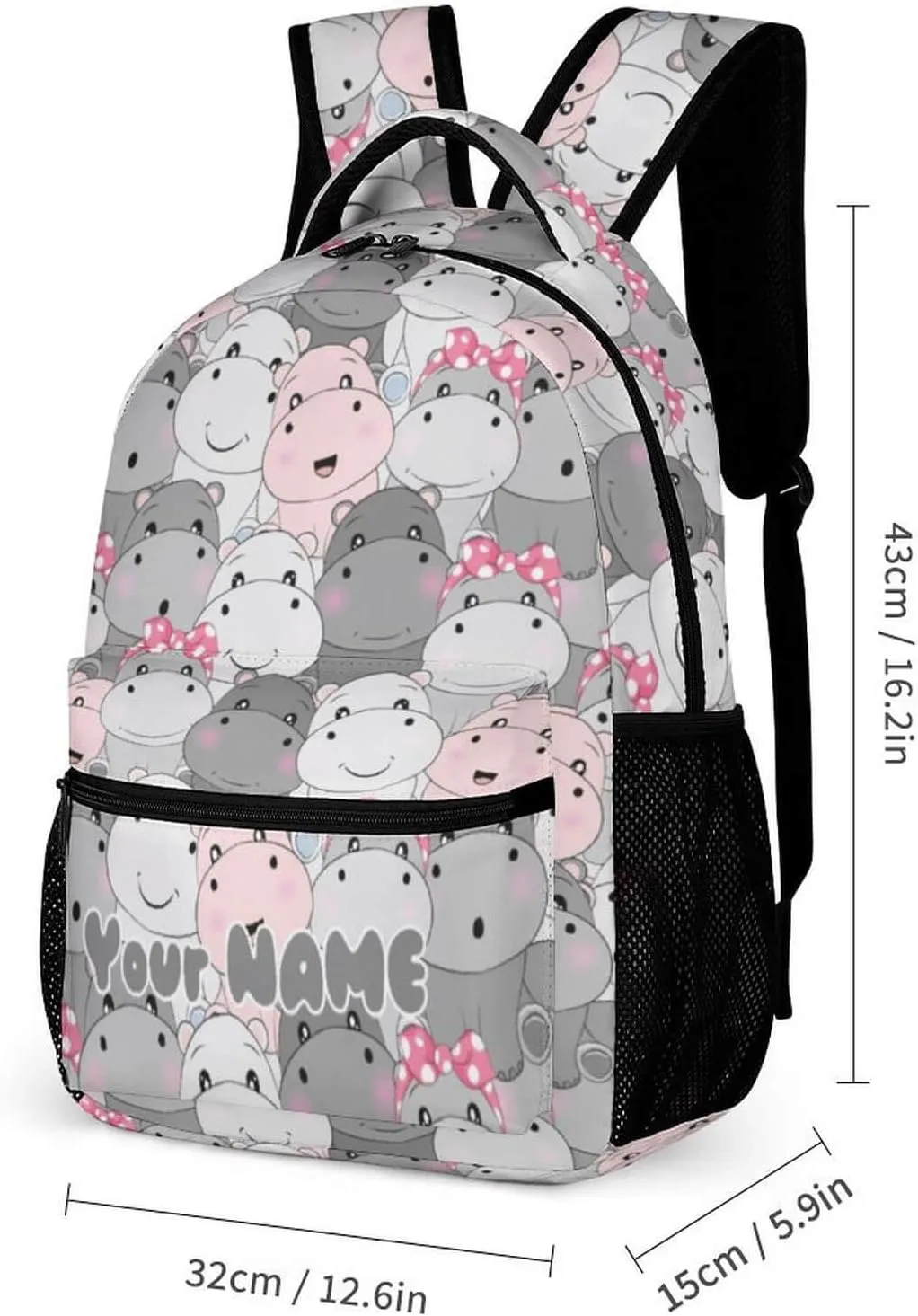 Custom Hippo Backpack with Lunch Box & Pencil Case, 16 Inch Cute Hippo Bookbag, Adjustable Lightweight Large Capacity, Hippo Backpack Set for Kids Girls Boys School