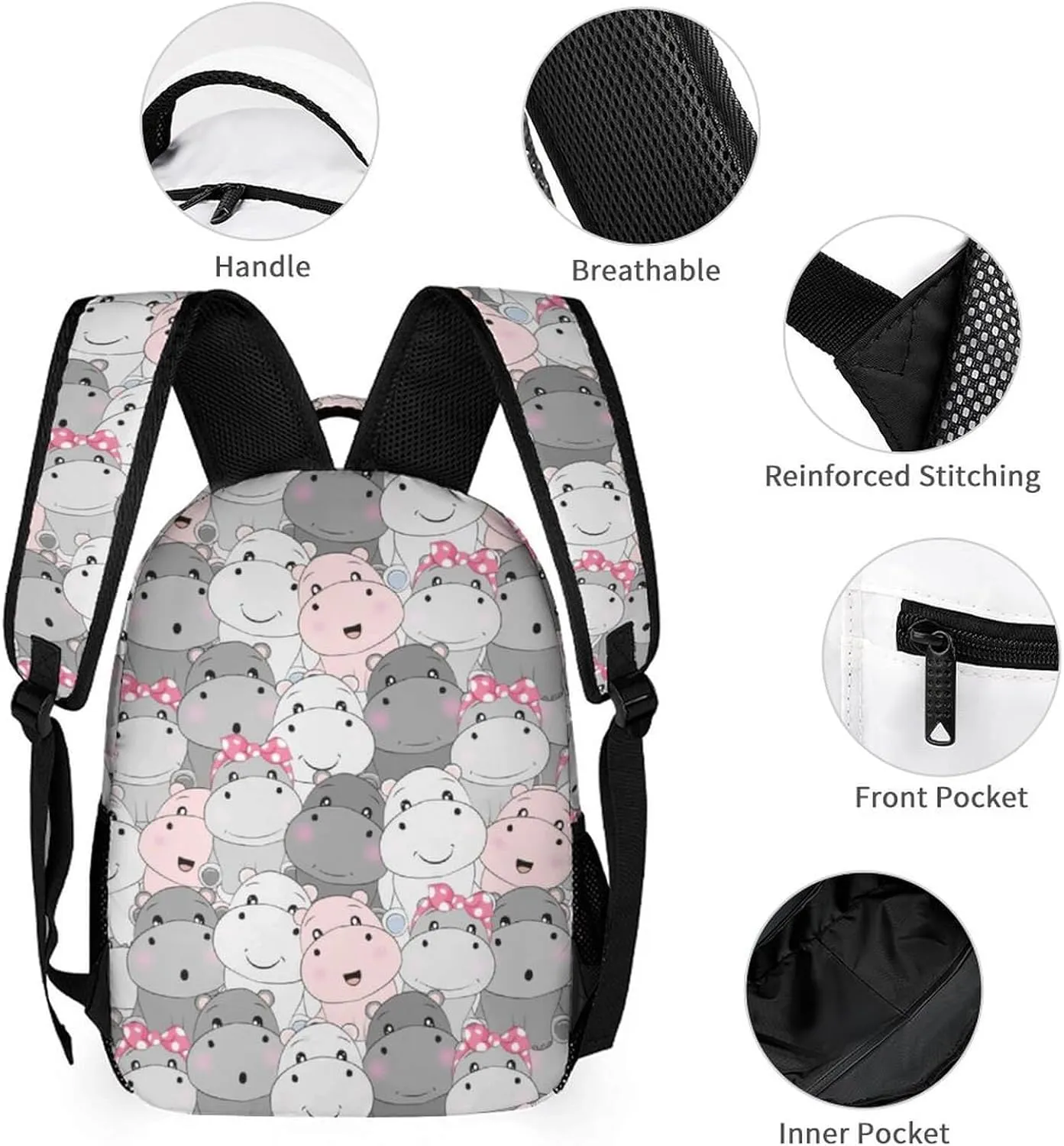 Custom Hippo Backpack with Lunch Box & Pencil Case, 16 Inch Cute Hippo Bookbag, Adjustable Lightweight Large Capacity, Hippo Backpack Set for Kids Girls Boys School