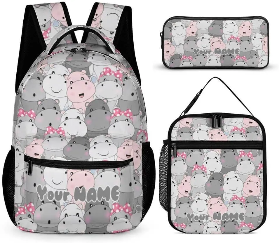 Custom Hippo Backpack with Lunch Box & Pencil Case, 16 Inch Cute Hippo Bookbag, Adjustable Lightweight Large Capacity, Hippo Backpack Set for Kids Girls Boys School