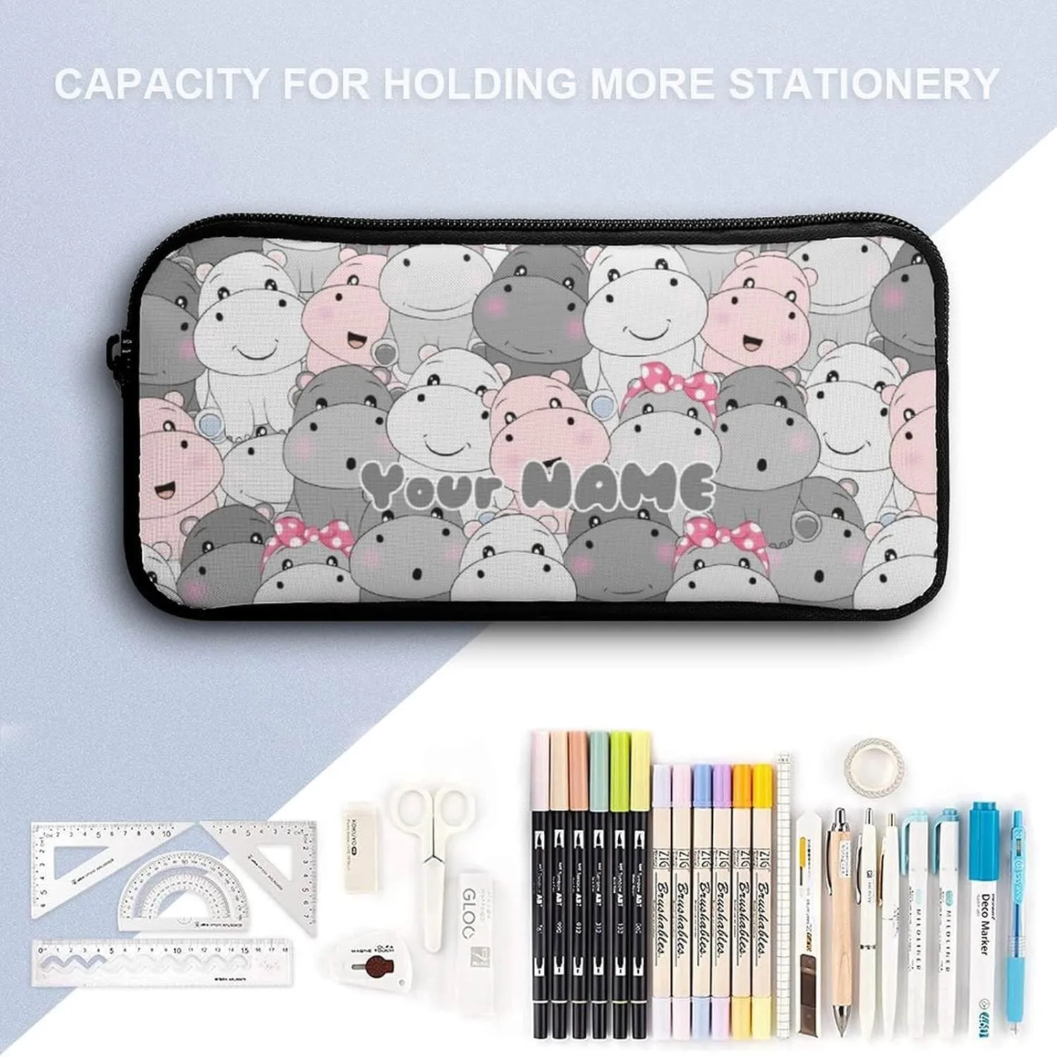 Custom Hippo Backpack with Lunch Box & Pencil Case, 16 Inch Cute Hippo Bookbag, Adjustable Lightweight Large Capacity, Hippo Backpack Set for Kids Girls Boys School