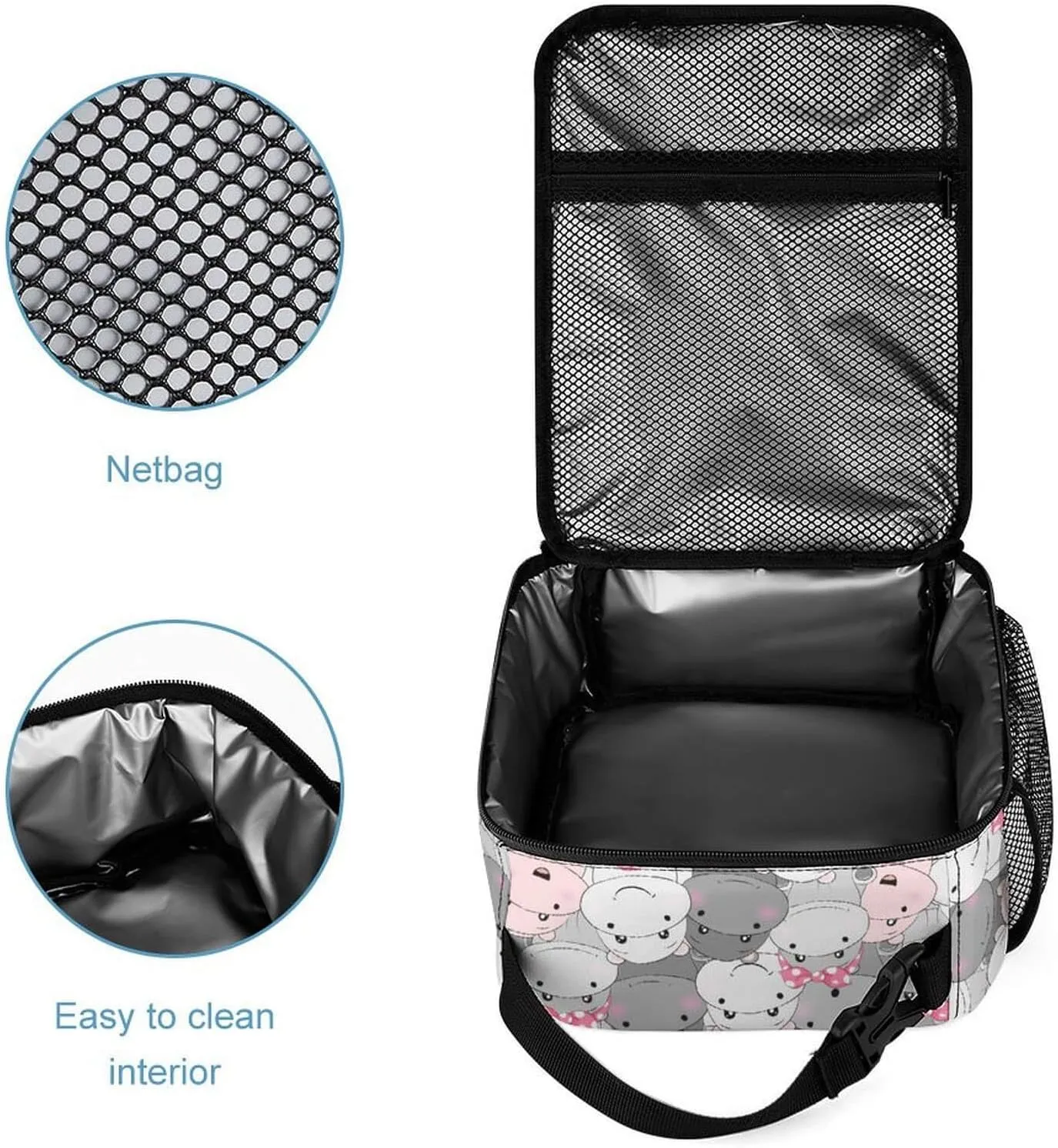 Custom Hippo Backpack with Lunch Box & Pencil Case, 16 Inch Cute Hippo Bookbag, Adjustable Lightweight Large Capacity, Hippo Backpack Set for Kids Girls Boys School