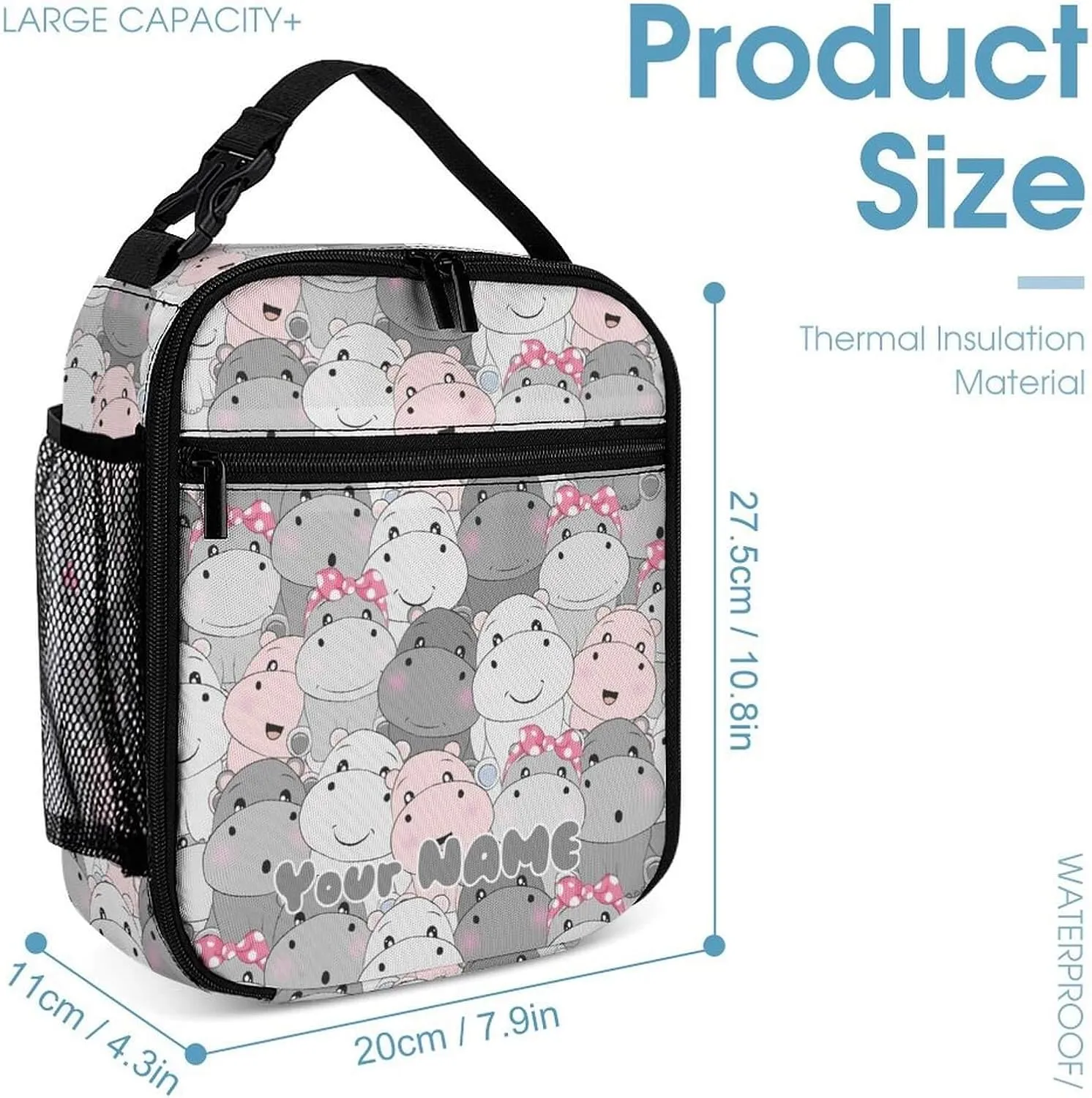 Custom Hippo Backpack with Lunch Box & Pencil Case, 16 Inch Cute Hippo Bookbag, Adjustable Lightweight Large Capacity, Hippo Backpack Set for Kids Girls Boys School