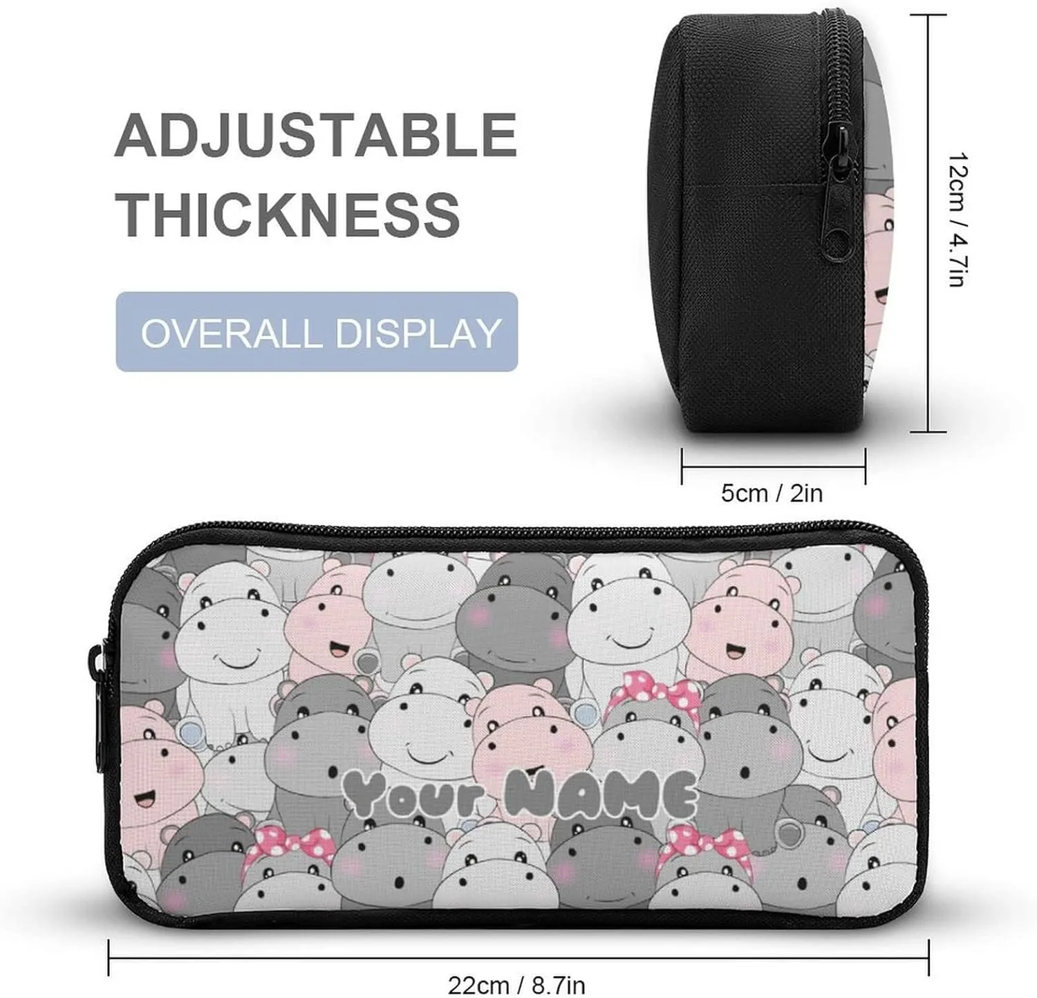 Custom Hippo Backpack with Lunch Box & Pencil Case, 16 Inch Cute Hippo Bookbag, Adjustable Lightweight Large Capacity, Hippo Backpack Set for Kids Girls Boys School