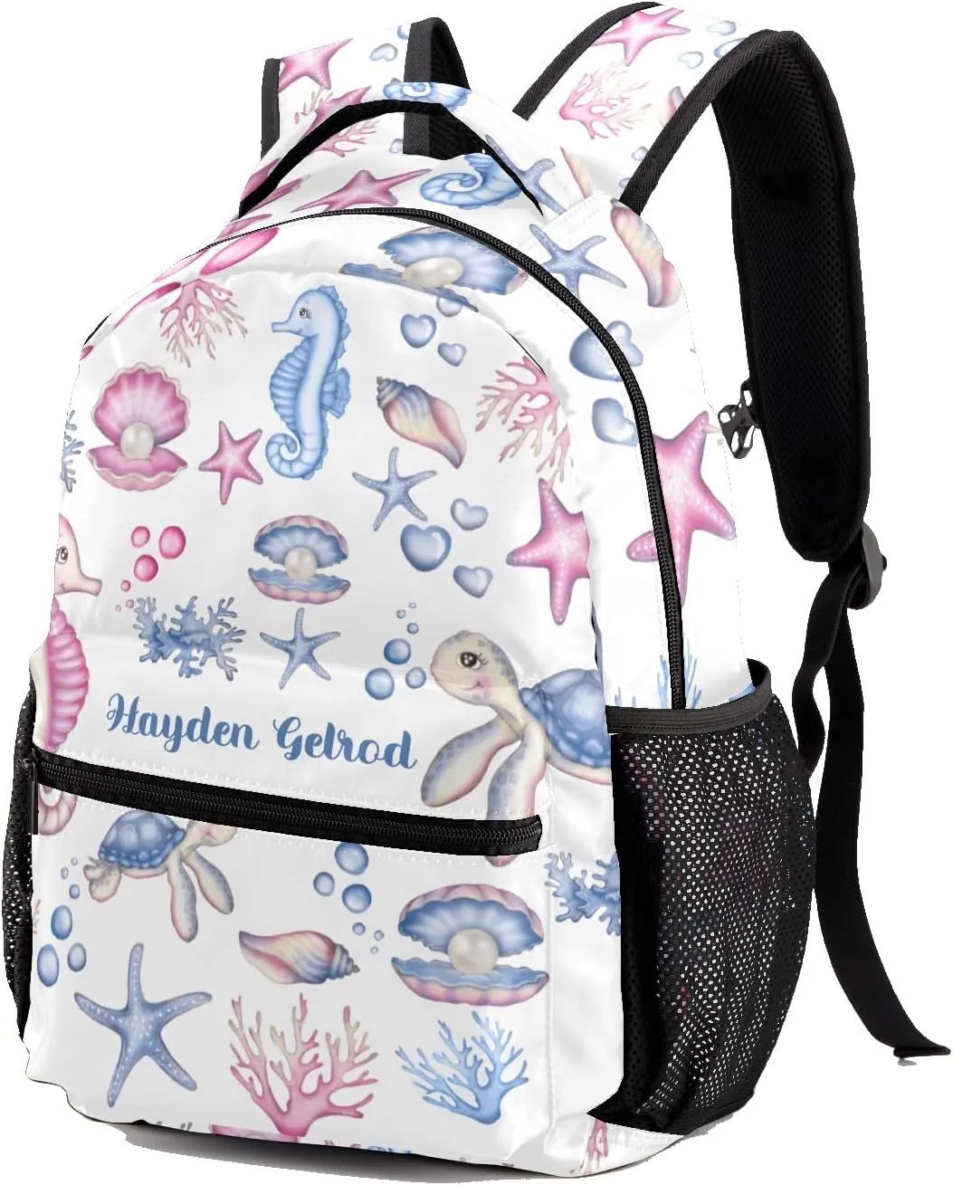 Custom Kid Backpack, Underwater Seahorse Sea Turtle Shell Personalized School Bookbag with Your Own Name, Customization Casual Bookbags for Student Girls Boys