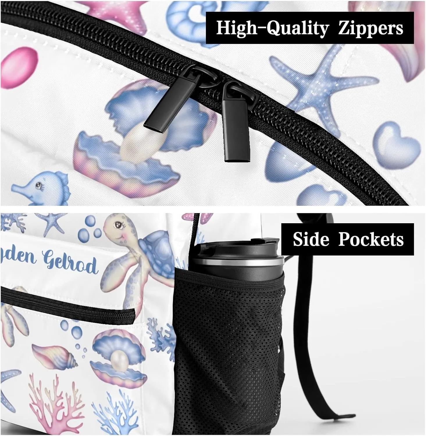 Custom Kid Backpack, Underwater Seahorse Sea Turtle Shell Personalized School Bookbag with Your Own Name, Customization Casual Bookbags for Student Girls Boys