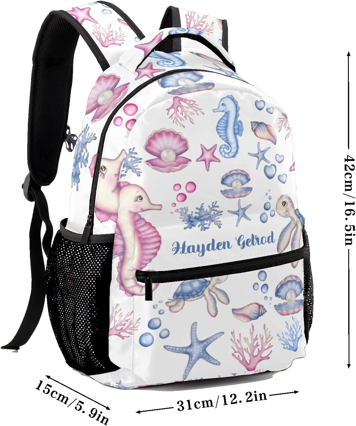 Custom Kid Backpack, Underwater Seahorse Sea Turtle Shell Personalized School Bookbag with Your Own Name, Customization Casual Bookbags for Student Girls Boys