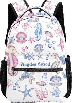 Custom Kid Backpack, Underwater Seahorse Sea Turtle Shell Personalized School Bookbag with Your Own Name, Customization Casual Bookbags for Student Girls Boys