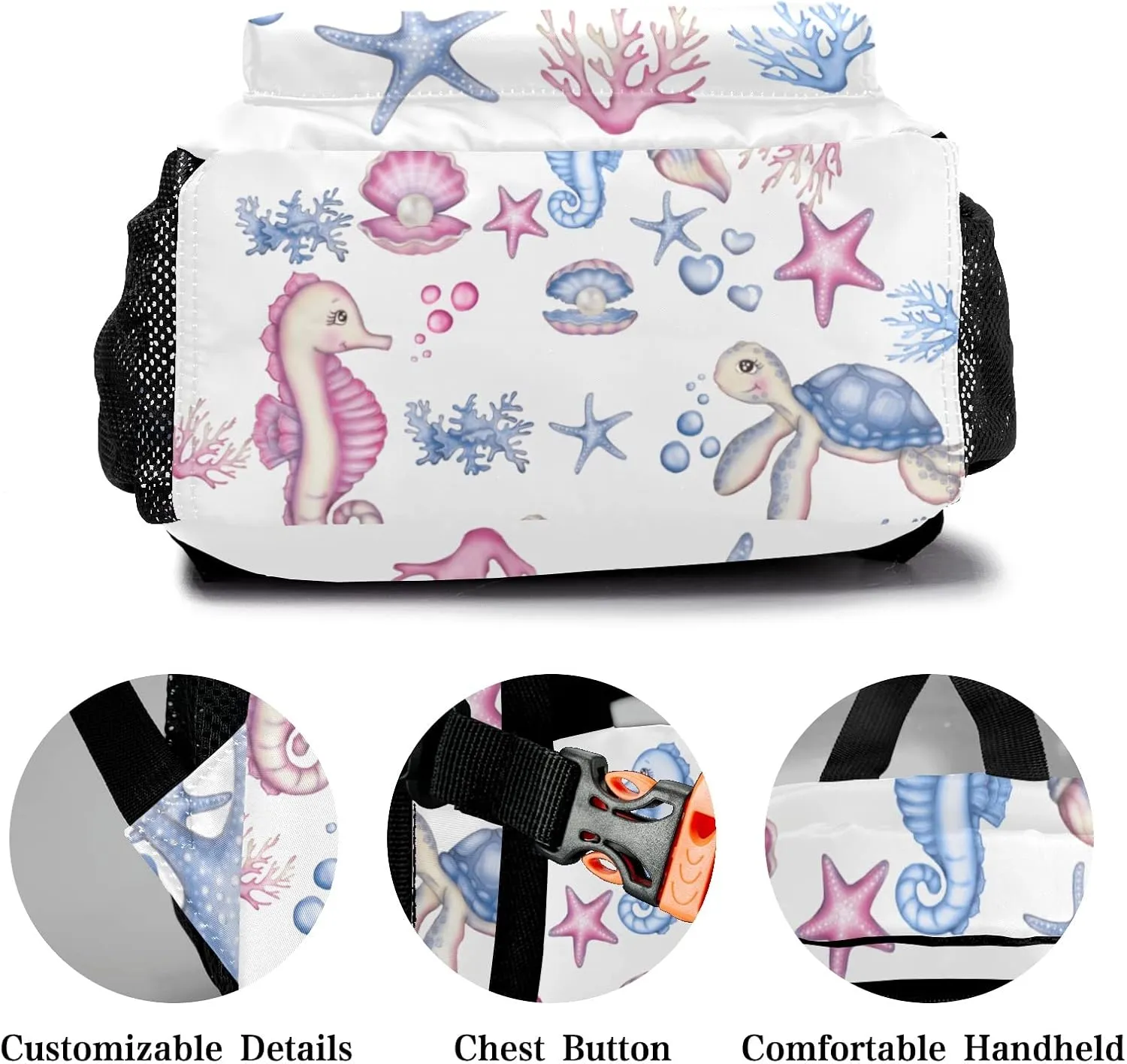 Custom Kid Backpack, Underwater Seahorse Sea Turtle Shell Personalized School Bookbag with Your Own Name, Customization Casual Bookbags for Student Girls Boys