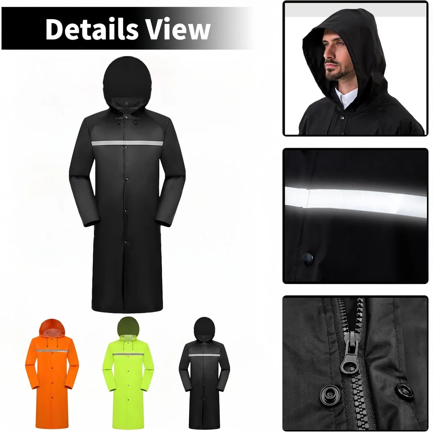 Custom Men's Long Hooded Rain Jacket Safety Reflective Rain Coat Waterproof Lightweight Raincoat