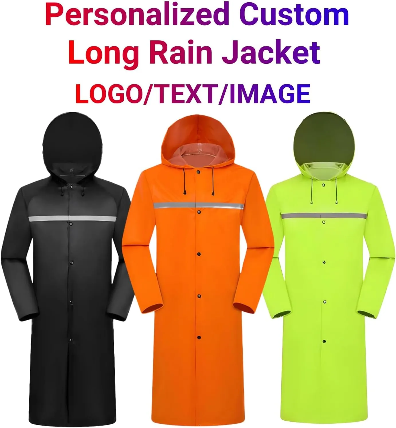 Custom Men's Long Hooded Rain Jacket Safety Reflective Rain Coat Waterproof Lightweight Raincoat